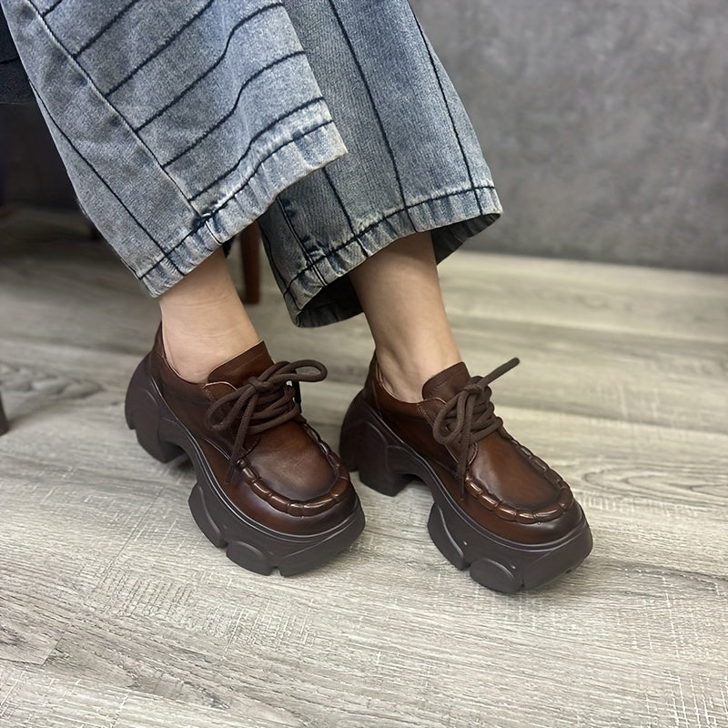 Women's Plus Size Brown Microfiber Loafers Casual Comfort Chunky Heel