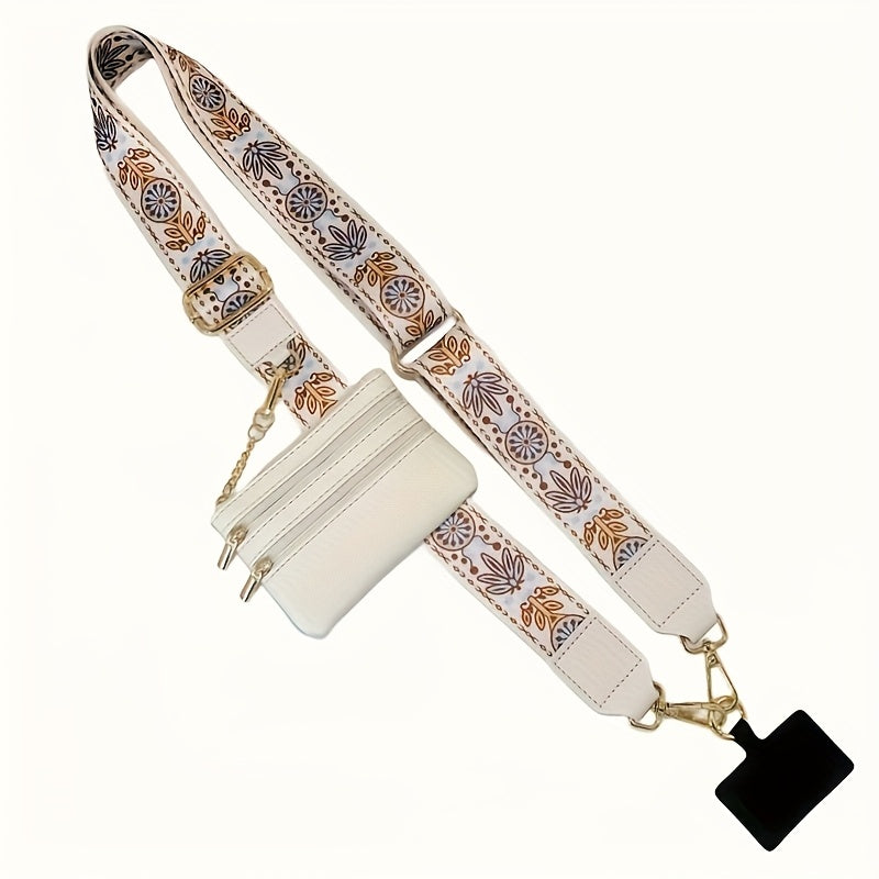 Mobile Phone Crossbody Strap with Wallet Adjustable Zippered Phone Holder White