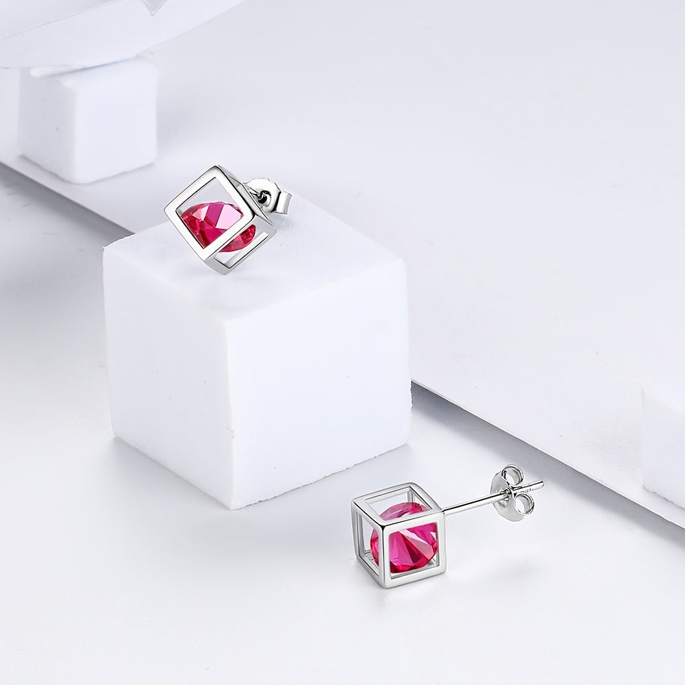 Small 3D Cube Birthstone Stud Earrings for Women Sterling Silver Minimalist Birthday Gift