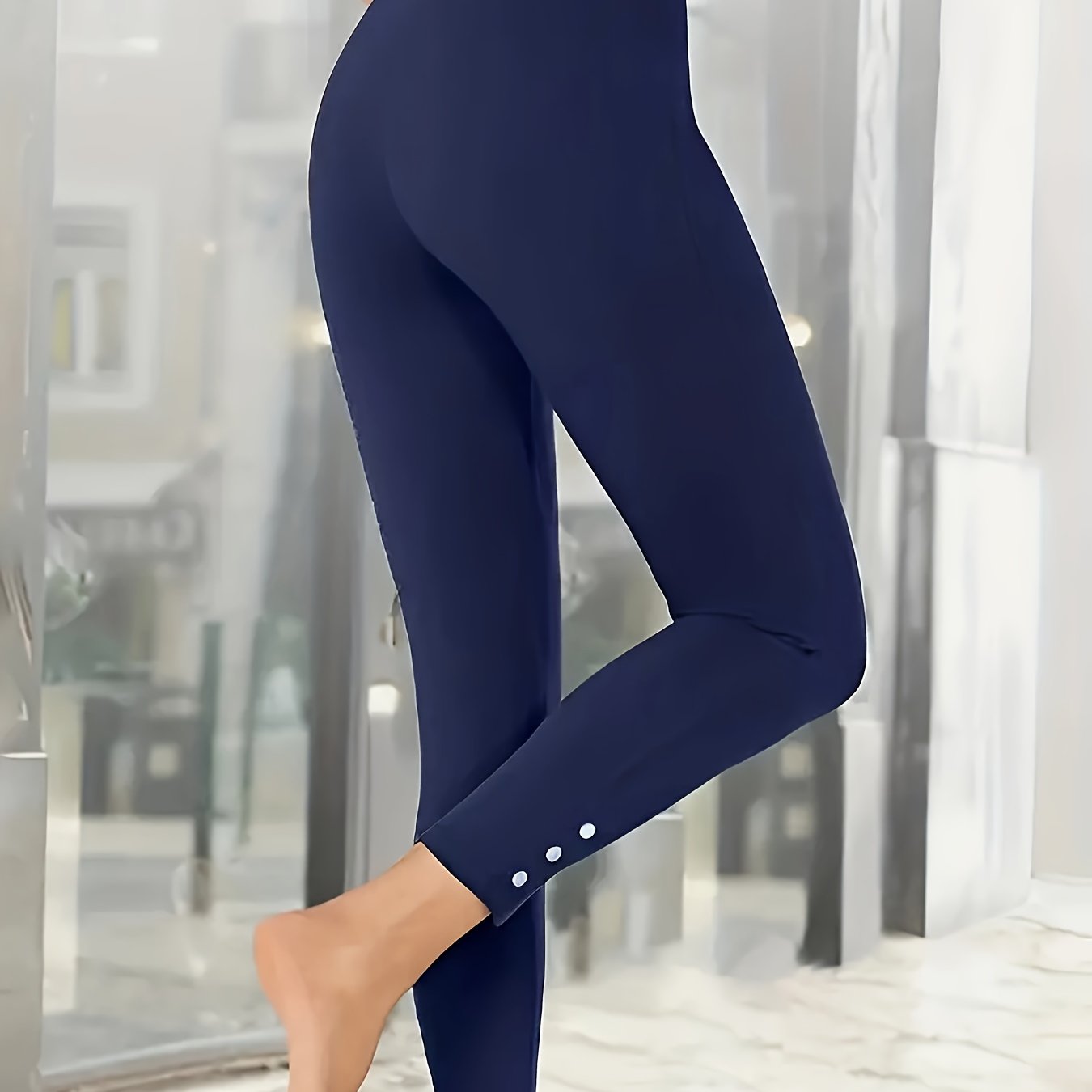 Plus Size Women's Skinny Leggings With Button Decor Casual Stretchy Pants