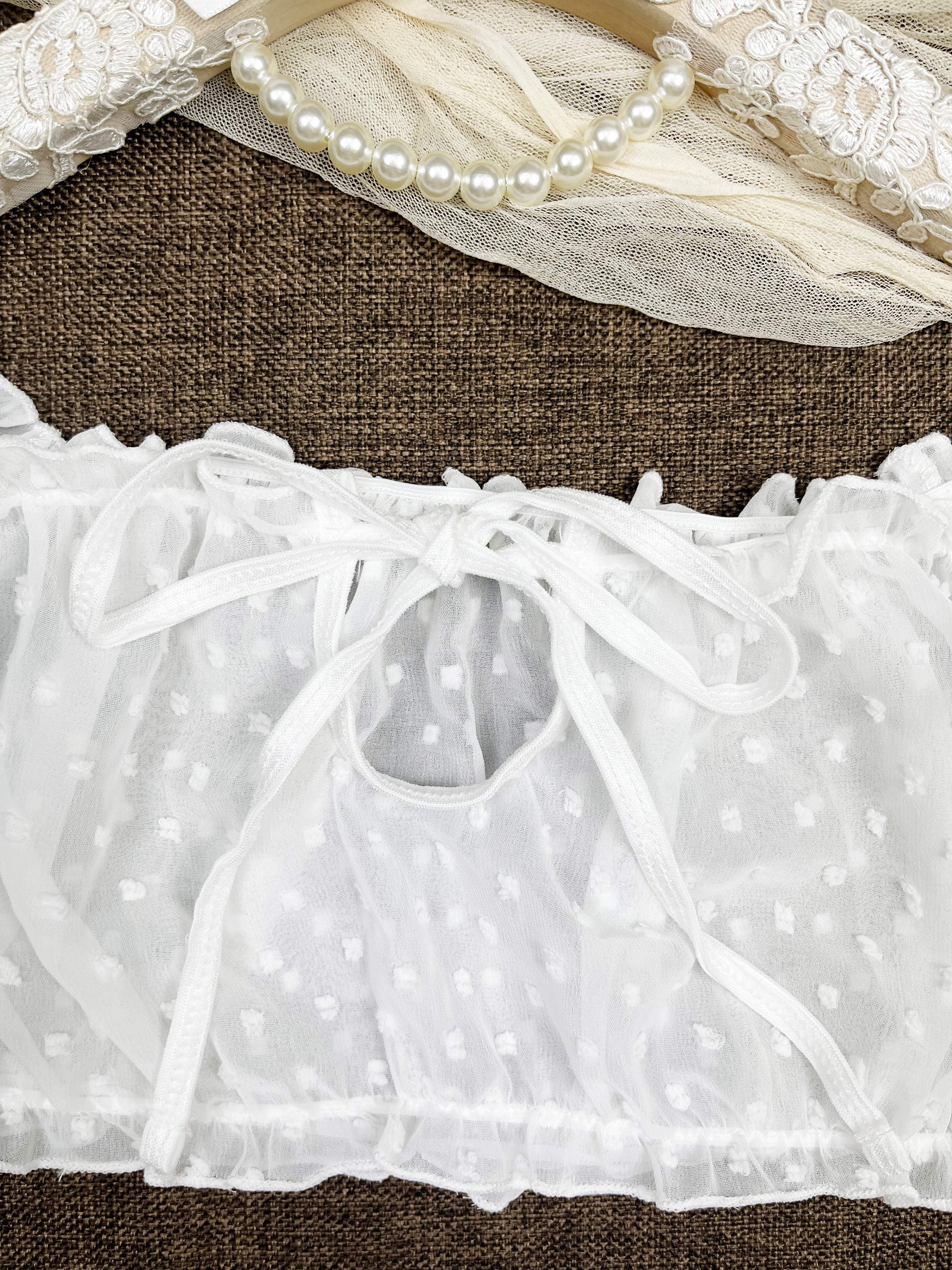 Women's Polka Dot Lingerie Set with Off-Shoulder Tie-Up Top and Thong in Breathable Mesh