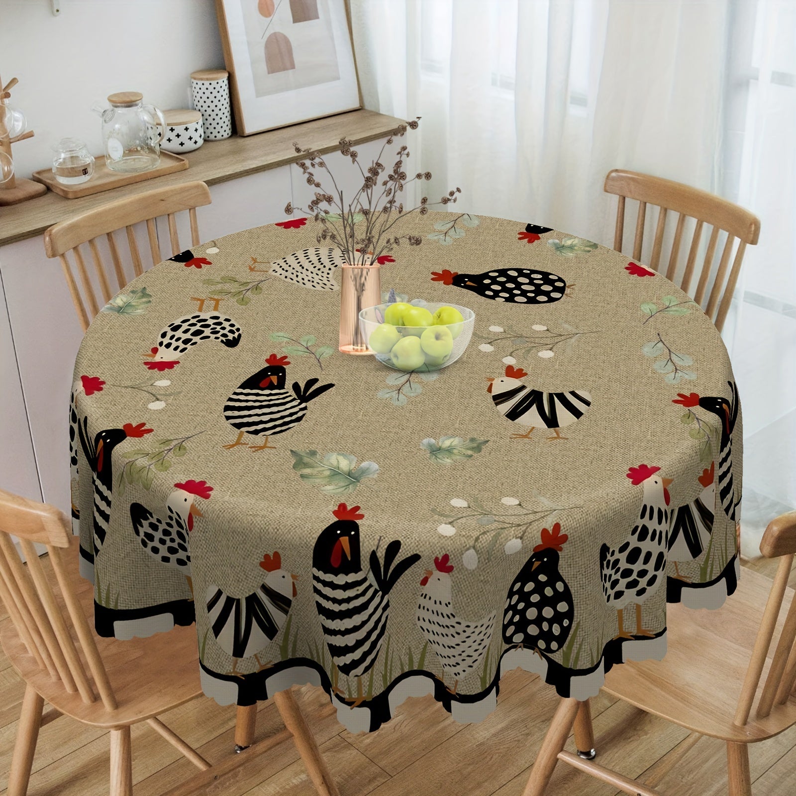 Rustic Farmhouse Style Table Cover with Rooster Pattern Stain Resistant Non-slip Wrinkle Resistant