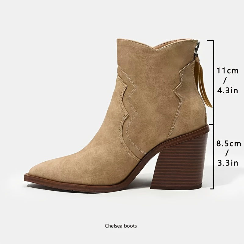 Women's Chunky Block Heel Boots Brown Pointed Toe Zipper Slip-Resistant All-Season