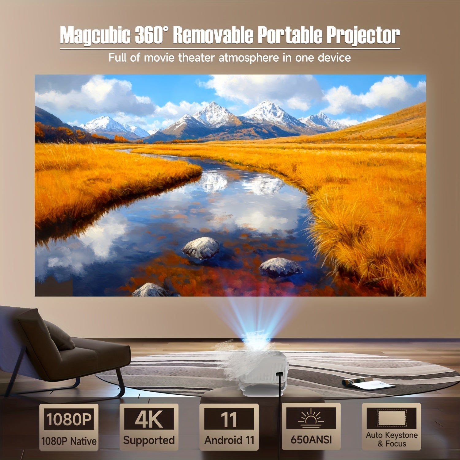 LED Portable Gravity Shop Projector 1080P Wireless 360° Remote for Home Theater