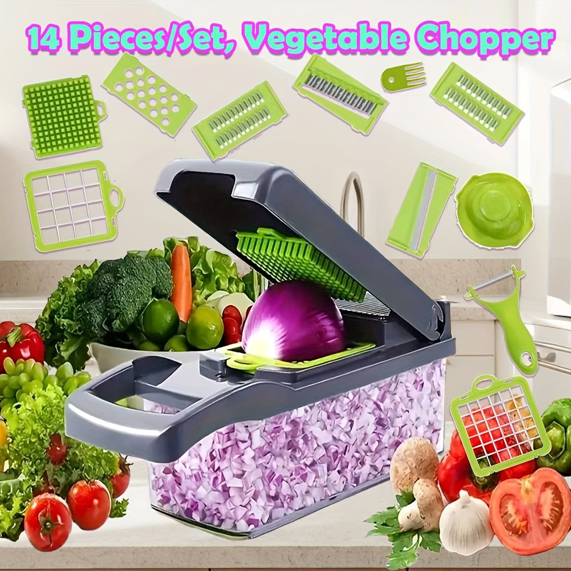 14-in-1 Vegetable Chopper Fruit Slicer Set Stainless Steel Blades
