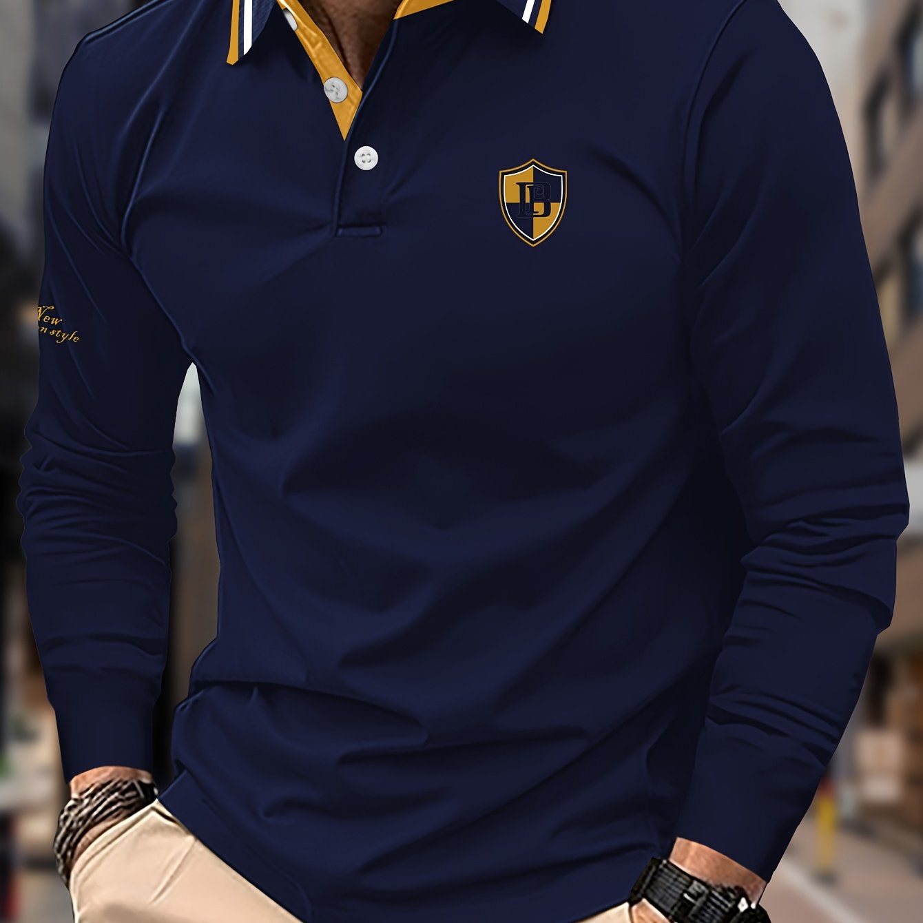 Men's Blue Lightweight Shirt with Logo Letter Print Two-Tone Collar Casual Spring Fall