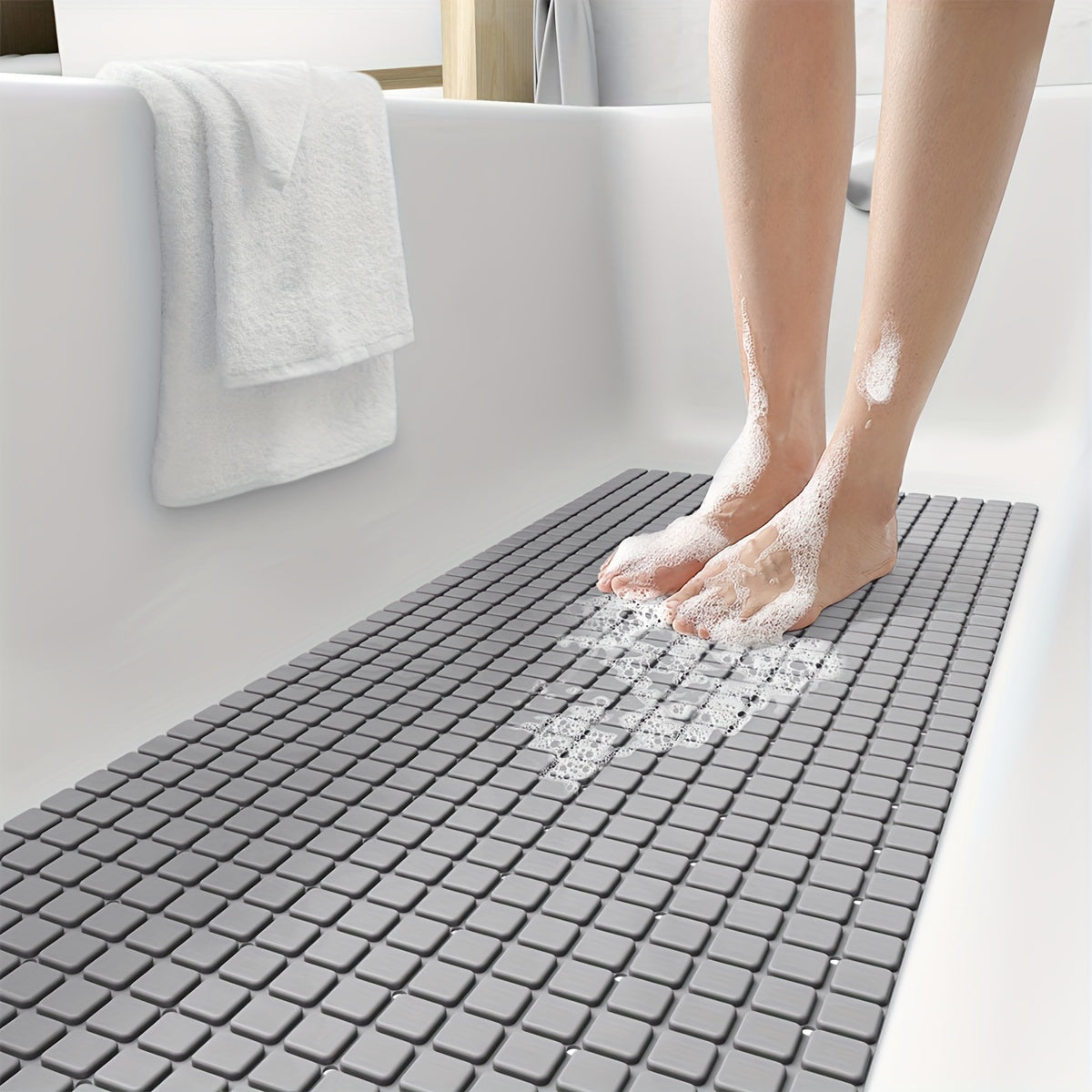 Extra Long Non-Slip Bath Tub Mat Gray 39.88cm x 100.08cm with Suction Cups