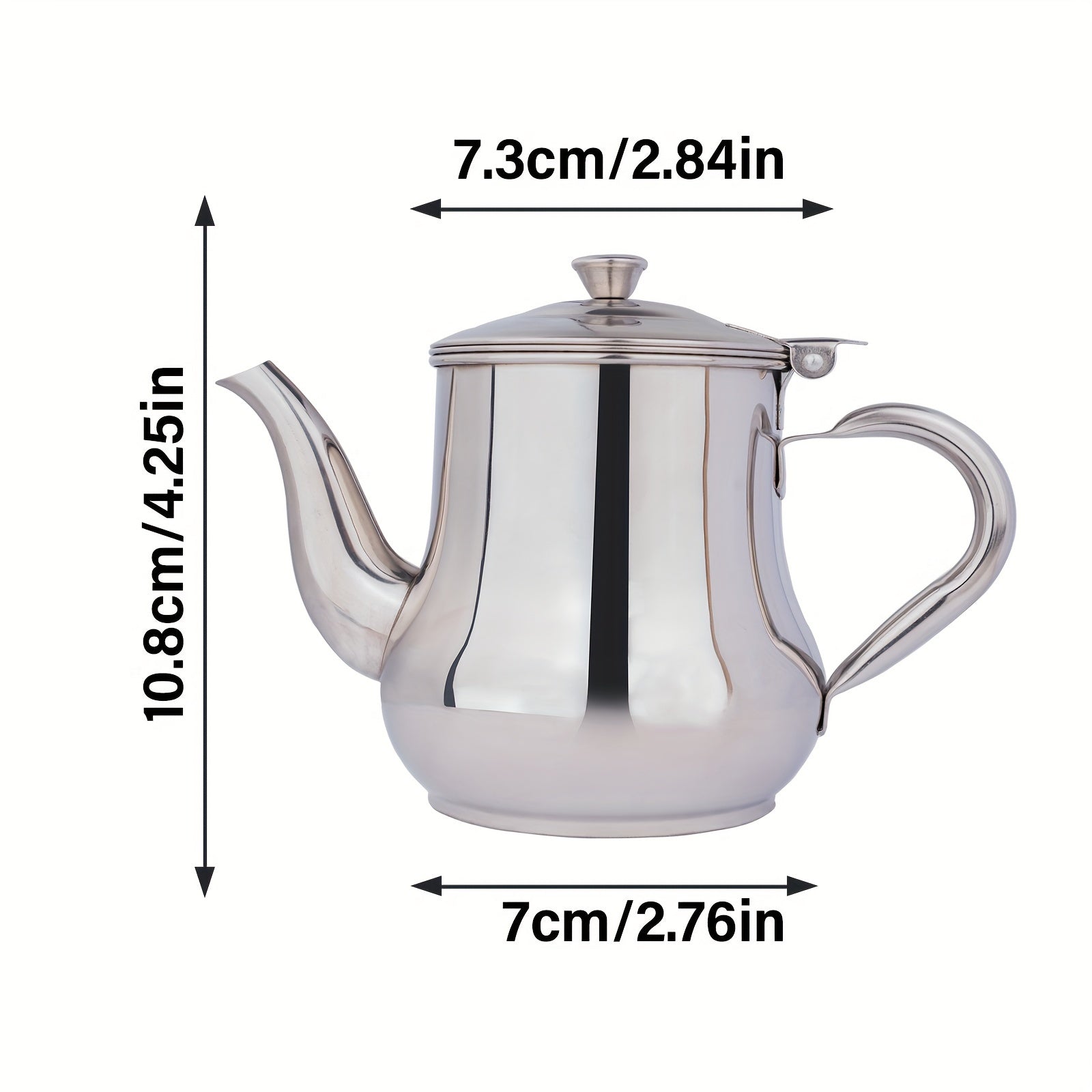 "Silver Stainless Steel Gooseneck Teapot with 48oz Capacity and Integrated Filter, BPA-Free Metal Tea Kettle and Coffee Server, Multi-Purpose Oval Table Serving Pot for Home, Restaurant, Outdoor Use. Dishwasher Safe."