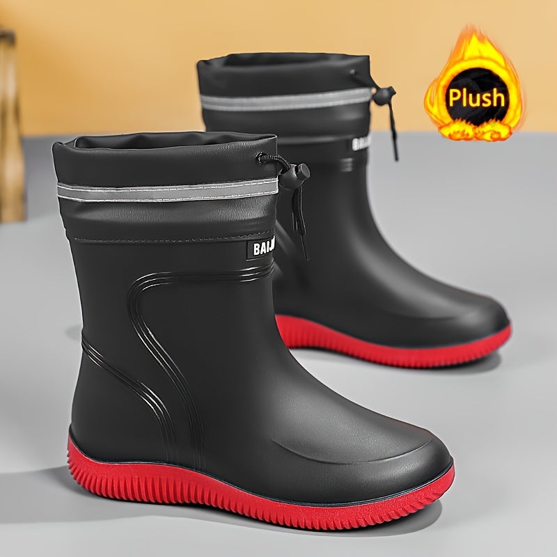 Unisex Waterproof Rain Boots with Fleece Lining Slip-Resistant for Outdoor Activities Black Gray Red Sole