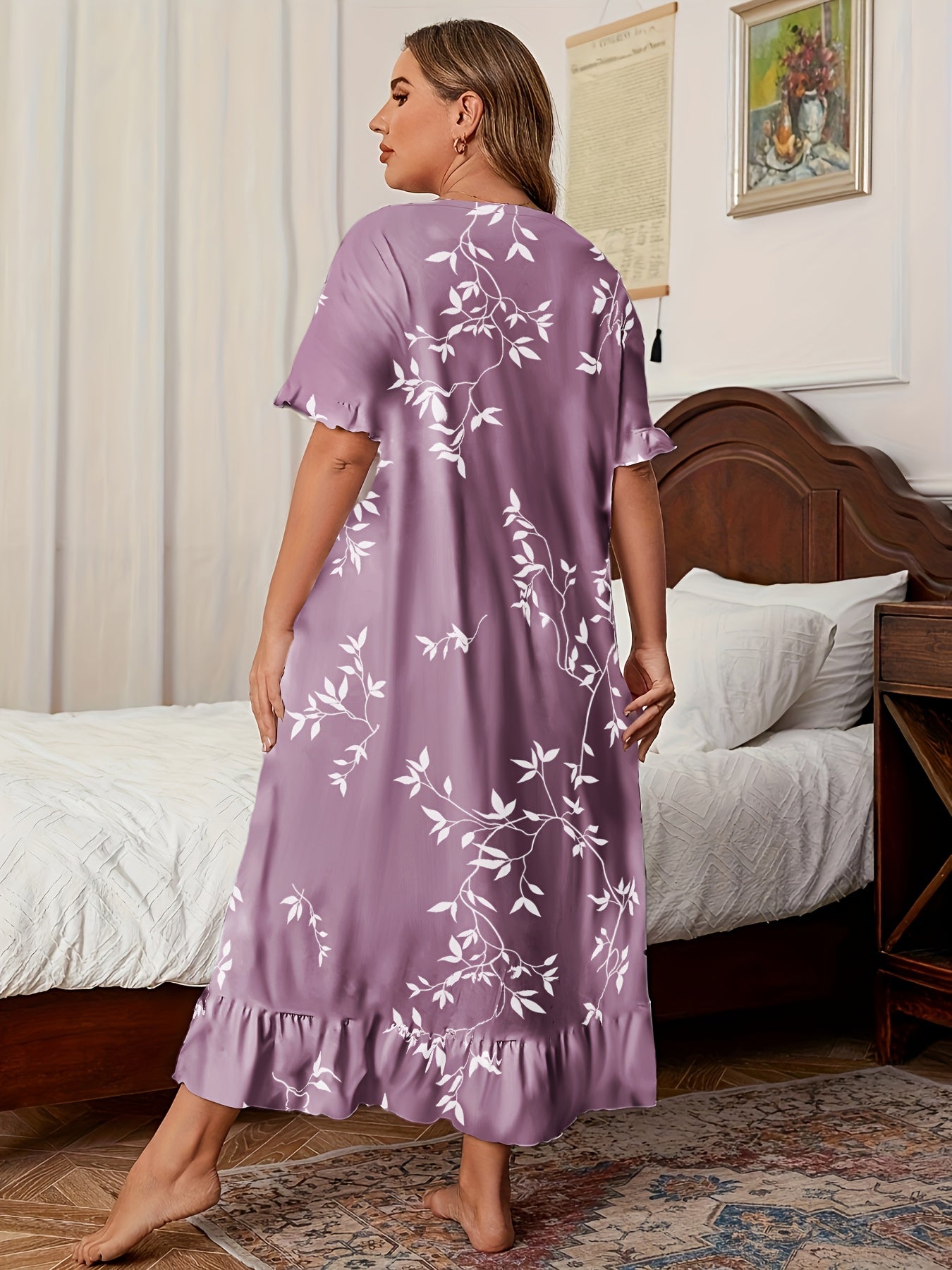 Plus Size Women's Floral Print Long Sleeve Sleep Dress with Pockets