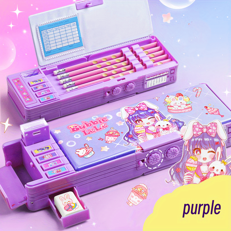 Purple Pencil Case with Password Lock, Colorful Compartments, Portable Stationery Organizer for Girls