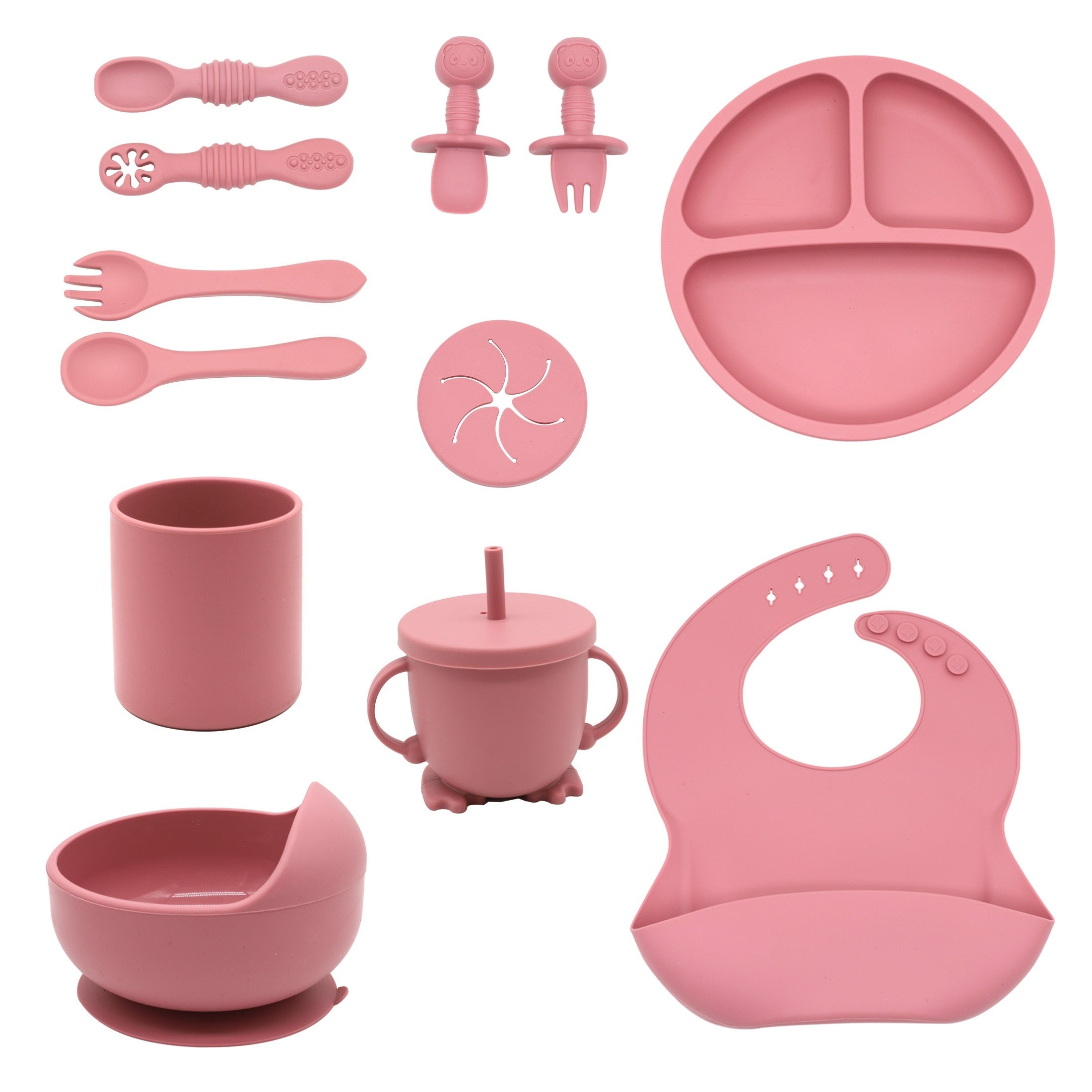 12-Piece Silicone Kids Feeding Set with Suction Bowl Divided Plate Spoon Fork Sippy Cup and Bib for Self-Feeding