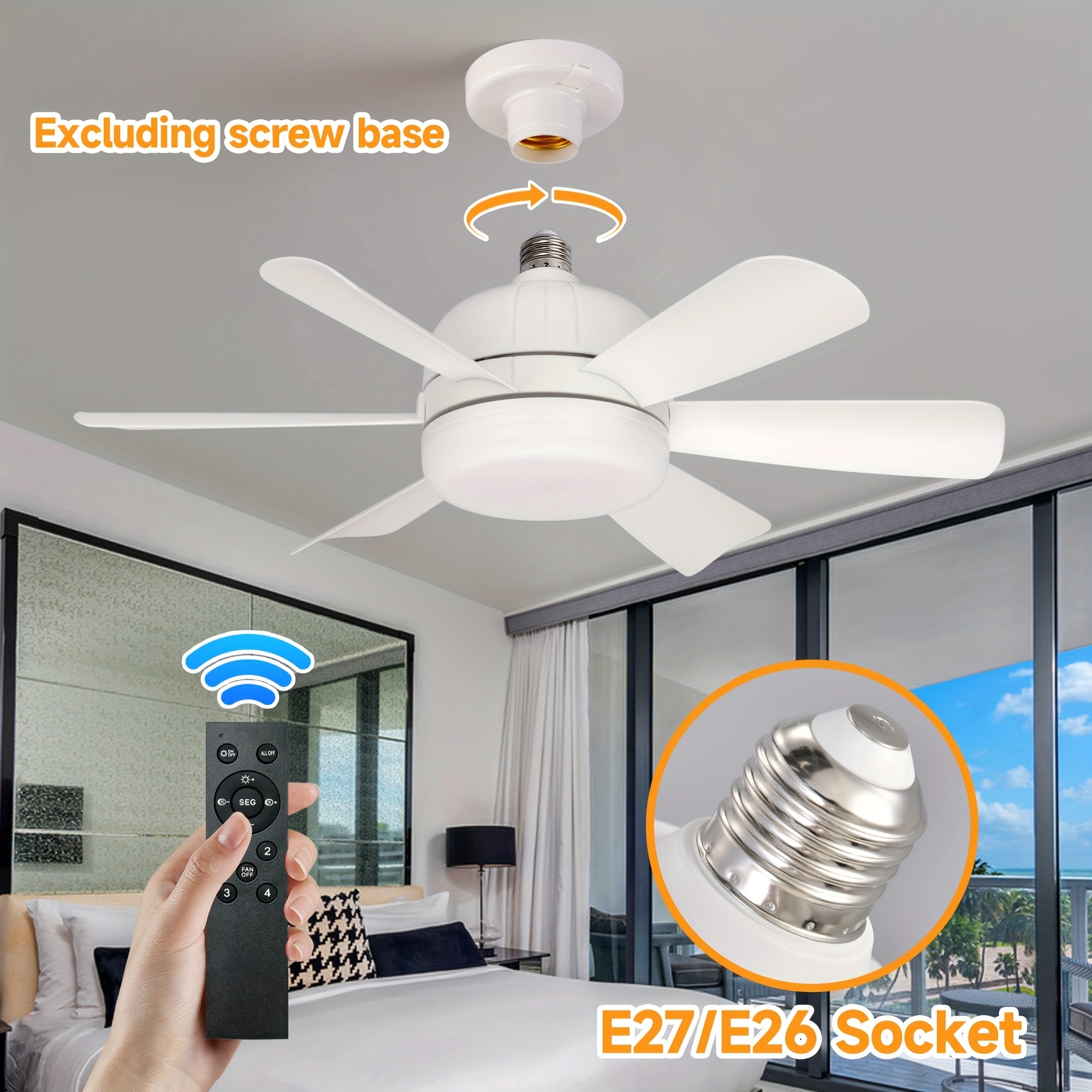 E27/E26 Small Ceiling Fan Light with 6 Blades Dimmable Quiet 4-Speed