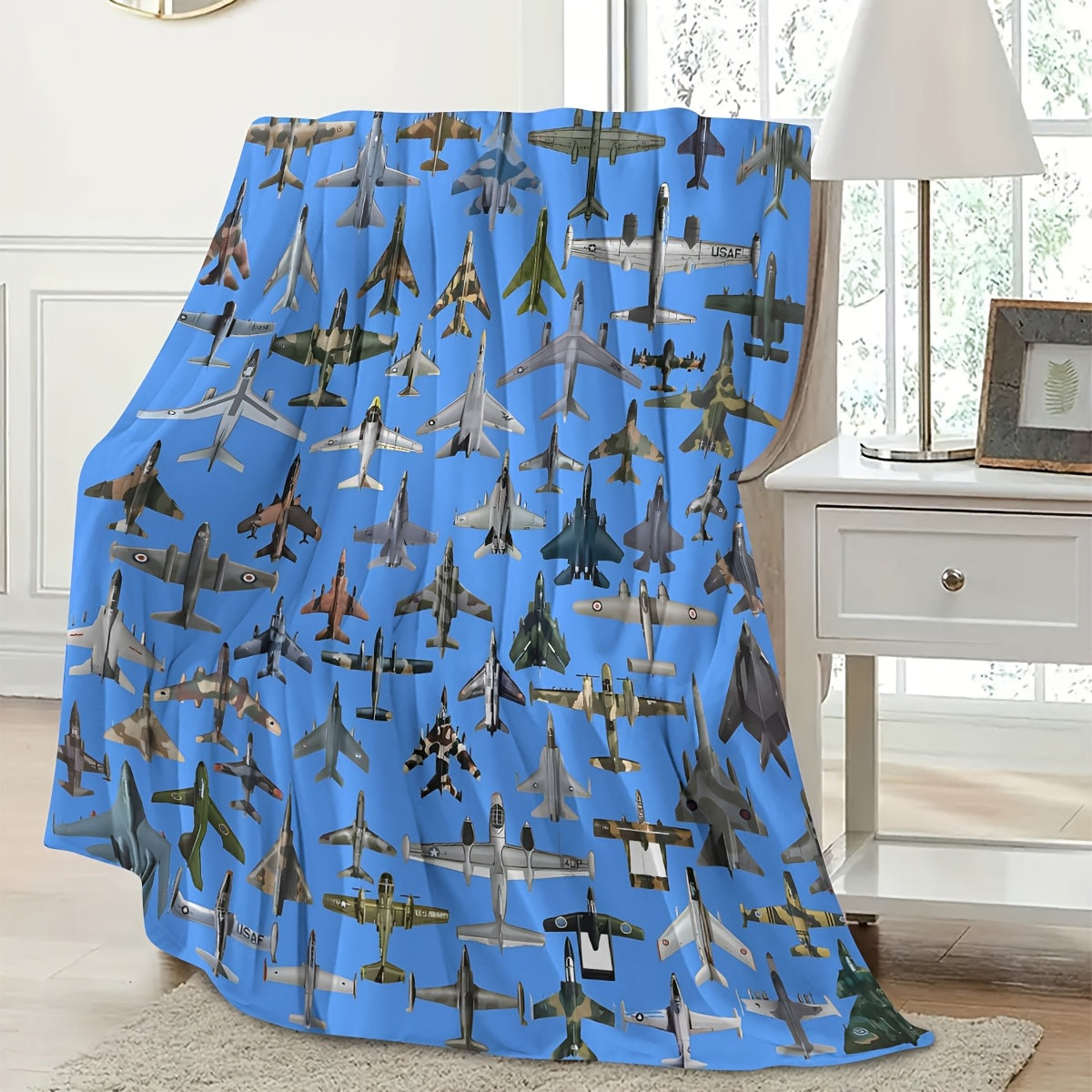Fleece Throw Blanket with Military Jet Aircraft Pattern Hypoallergenic Stain-Resistant