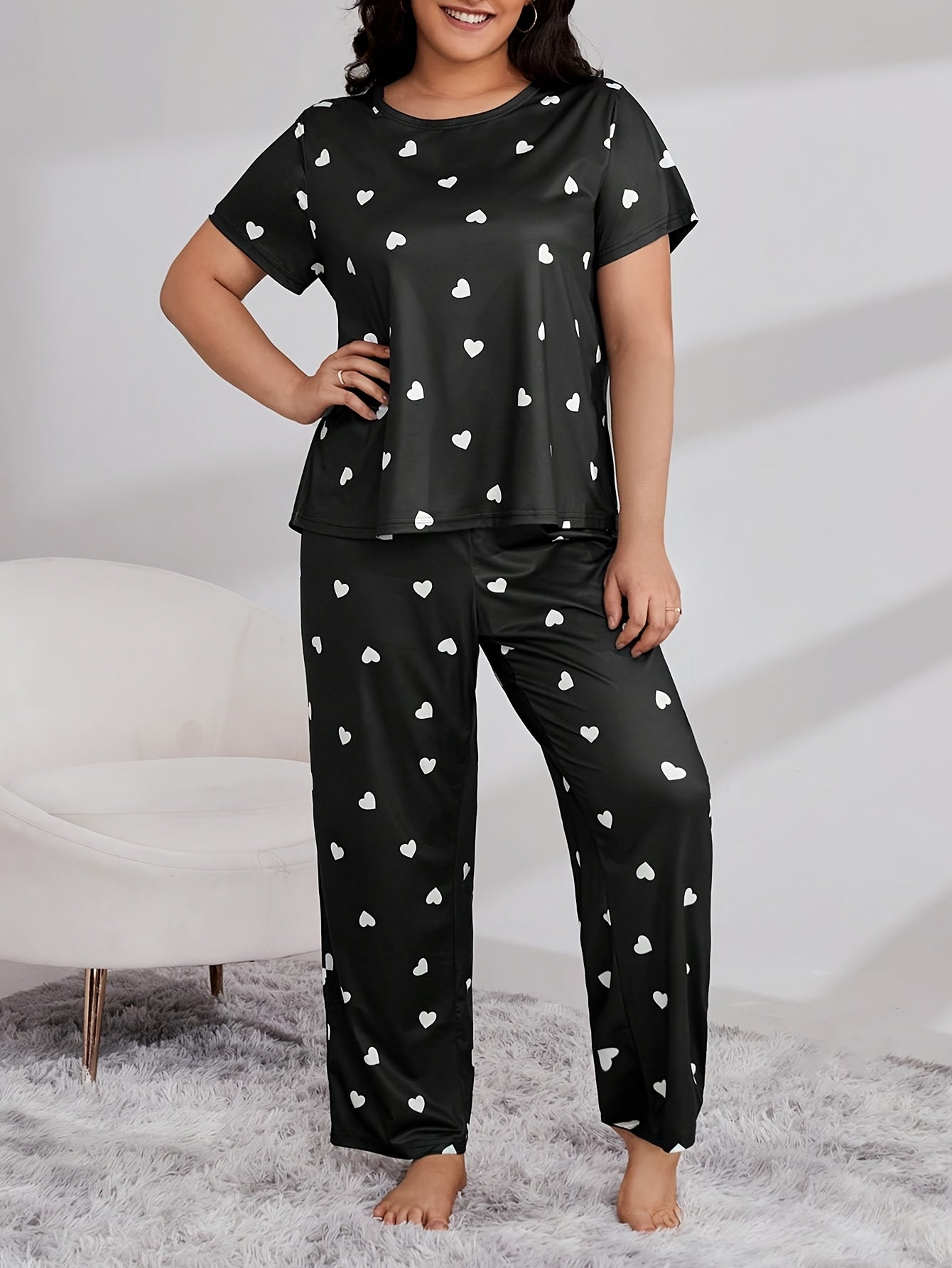 Женский комплект ночной одежды больших размеров с принтом "сердечная волна", короткий рукав, длинные штаны, пижама