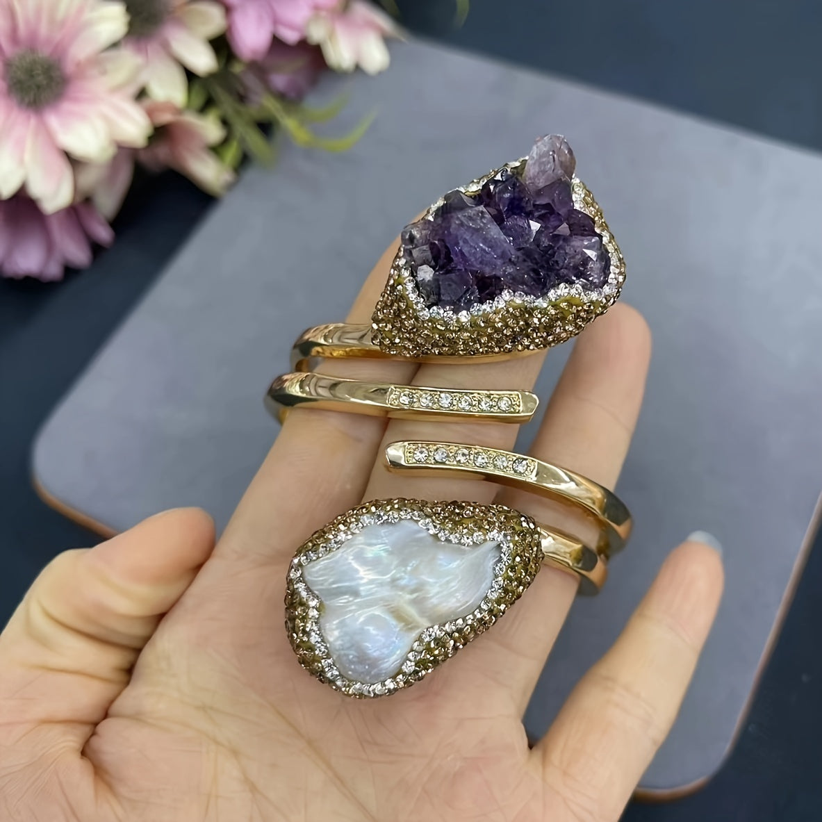 Natural Uruguayan Amethyst Baroque Pearl Beaded Bracelet for Women Copper Jewelry