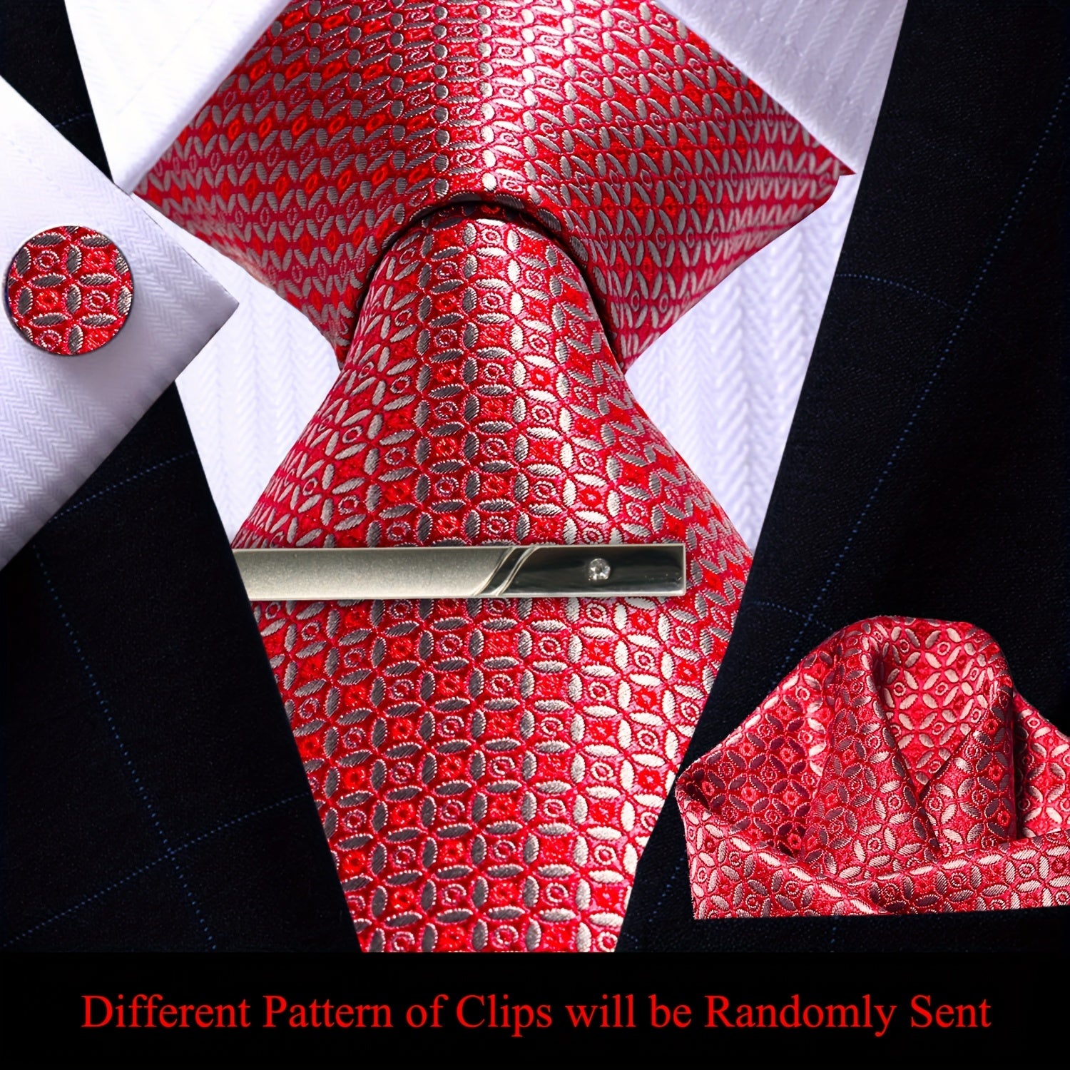 Men's Plaid Tie Pocket Square Cufflinks and Clip Set