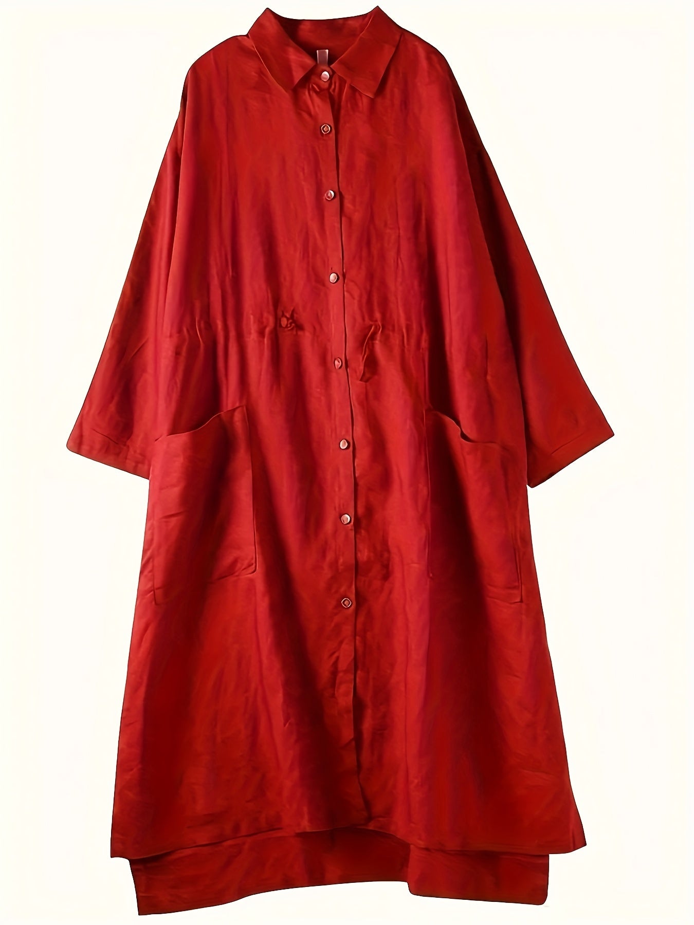 Red Linen Shirt Dress Casual Loose Fit Button Detail Non-Stretch Fabric Spring Collection