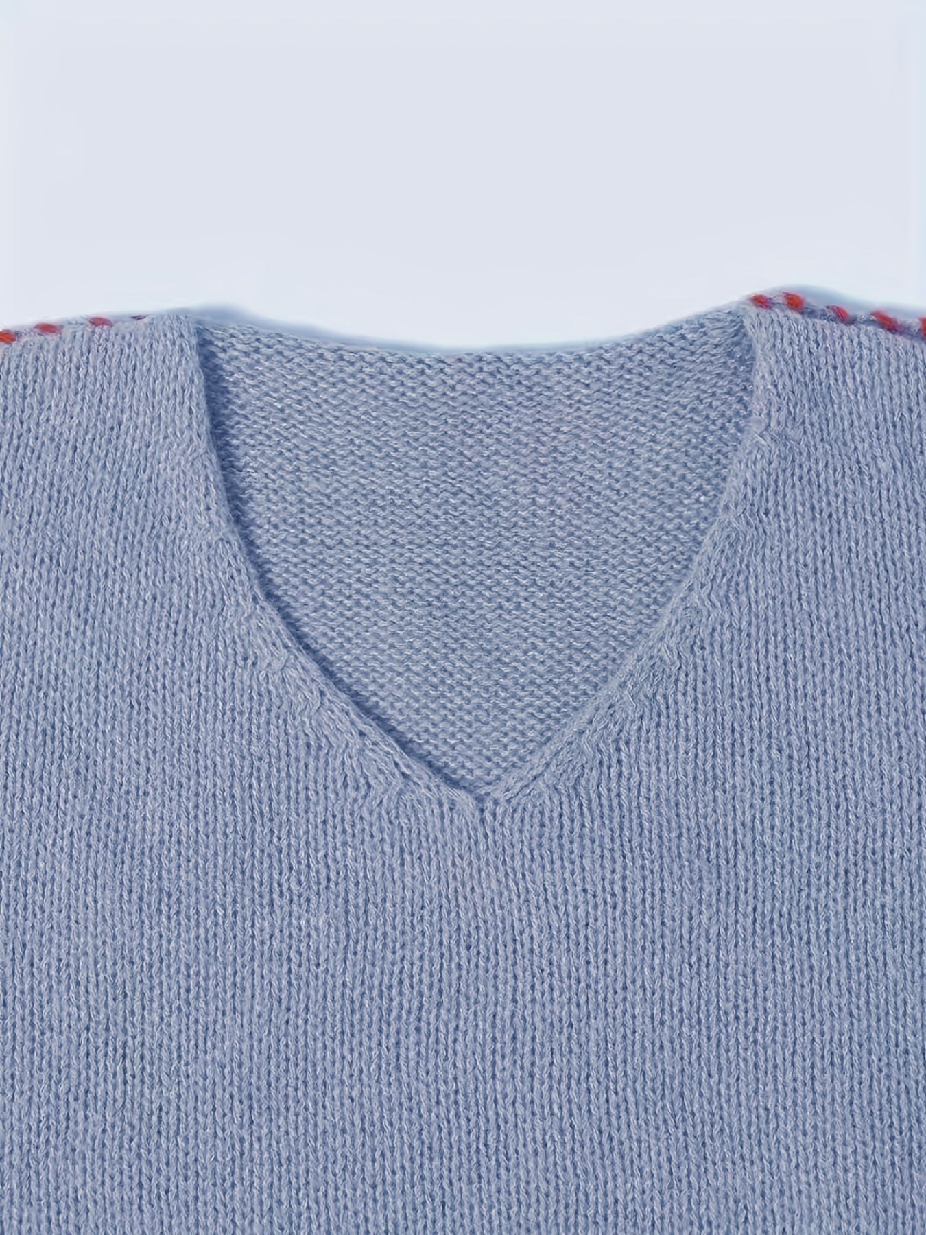 Plus Size Women V-Neck Long Sleeve Pullover Sweater Soft Blue Red Cuffs