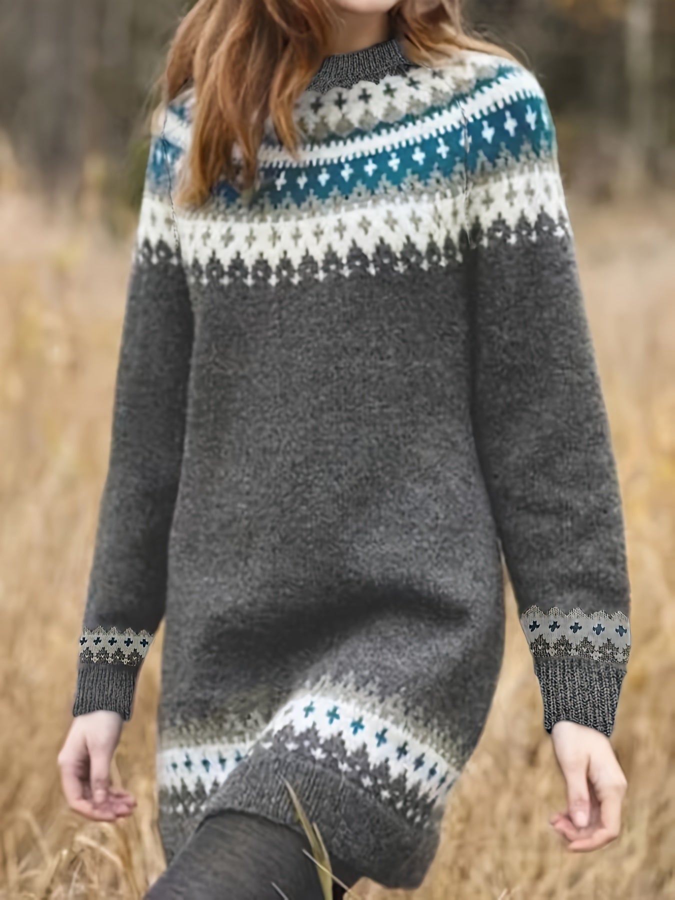 Plus Size Women's Geometric Cable Pullover Sweater Long Sleeve Cozy Winter