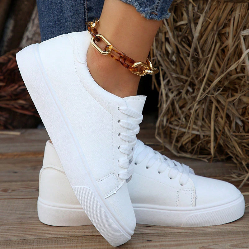 Women's White Low Top Sneakers Lace Up Comfortable Athletic Shoes