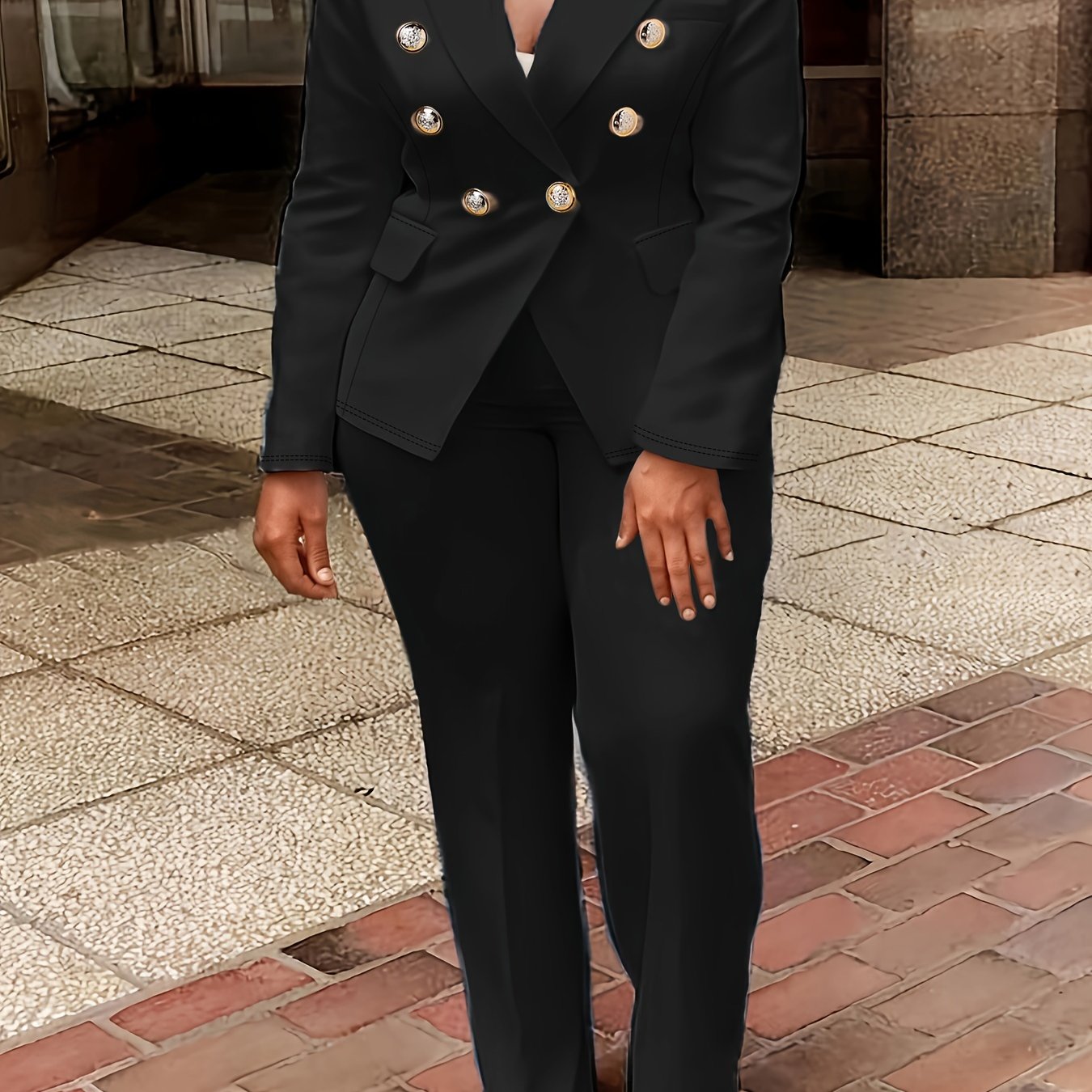 Plus Size Women's Solid Color Suit Set Blazer and Pants Office Wear