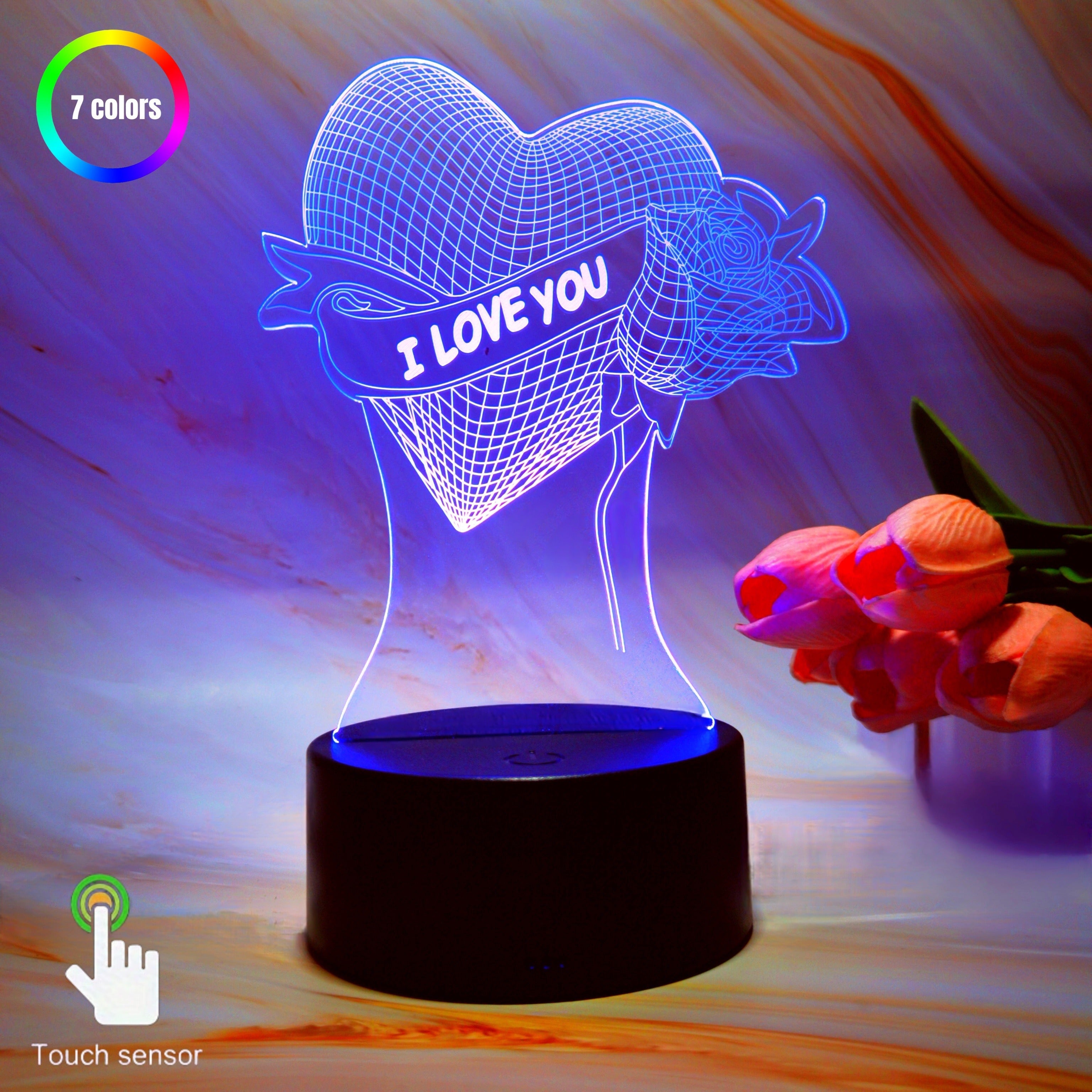 Lámpara de mesa LED 3D en forma de corazón con control táctil y remoto, 7 modos de color para ocasiones especiales
