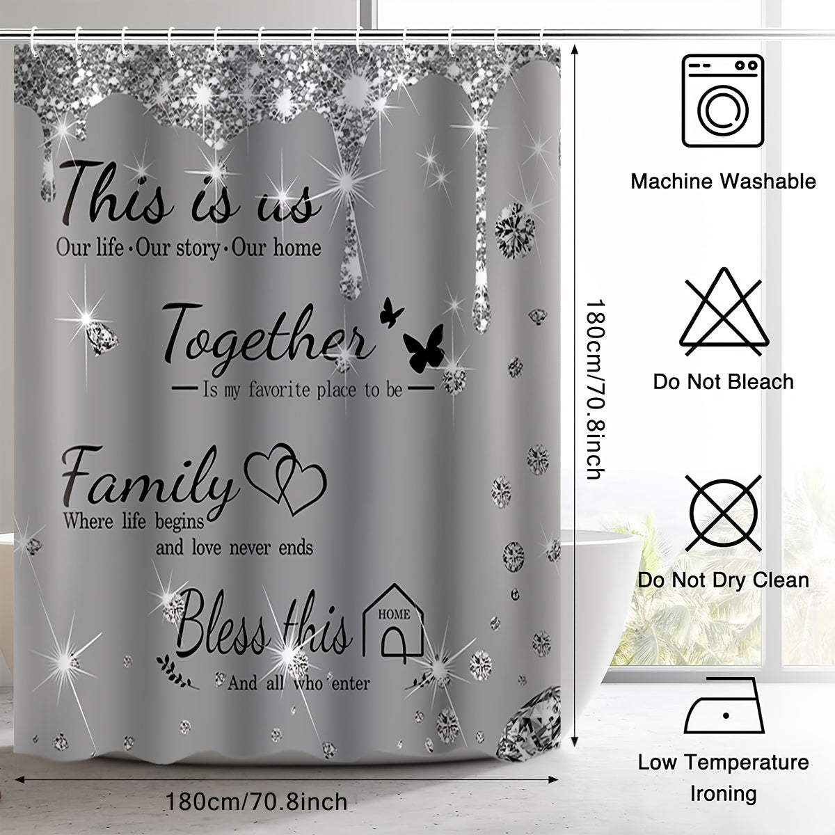 Set of 4 Gray Shower Curtains with Diamond Letter Print Bath Mats Non-Slip Carpet Toilet Lid Cover Bathtub Partition