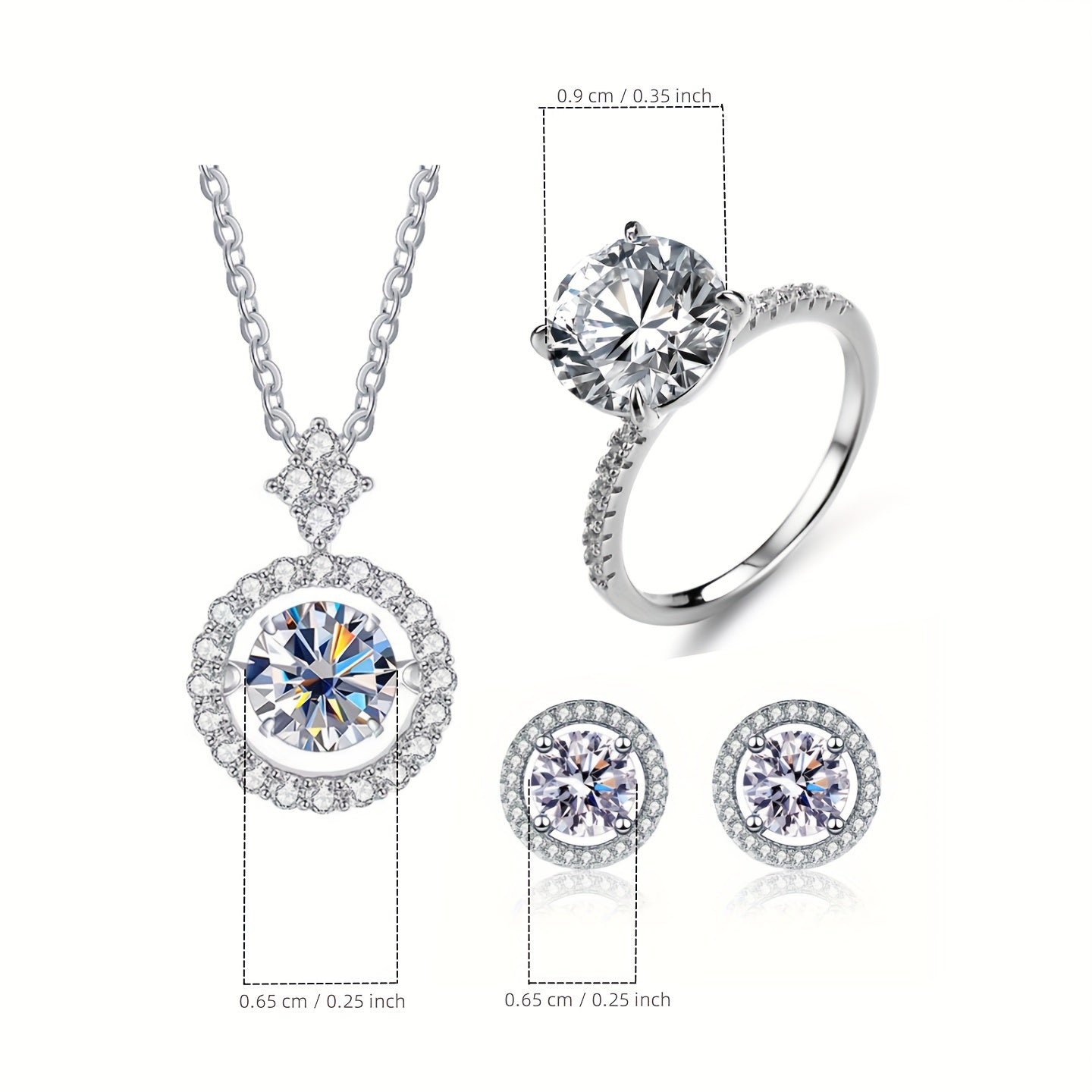 Set of 4 Moissanite Earrings 1ct Each Sterling Silver with Ring and Necklace in Multiple Colors