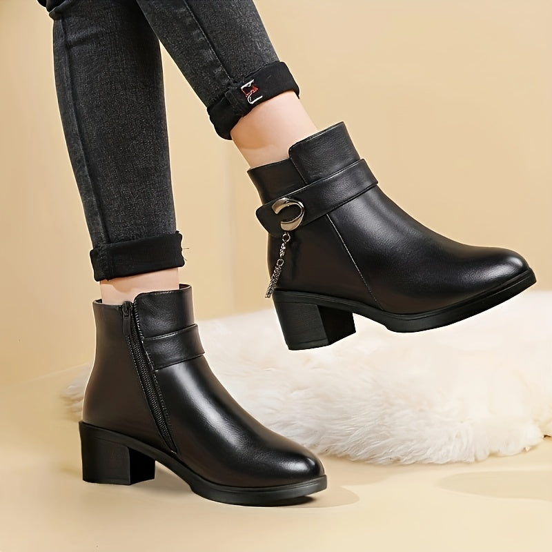 Women's Fleece-Lined Winter Boots Mid-Heel Warm Short Booties Wide Fit