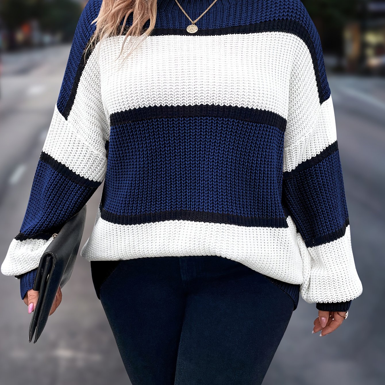 Plus Size Women's Striped Knit Sweater Long Sleeve Mock Neck Fall Winter