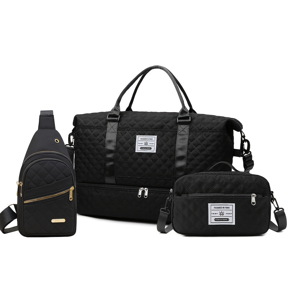 Polyester Travel Bag Set with Shoe Compartment for Men and Women Black Beige Pink Royal Blue