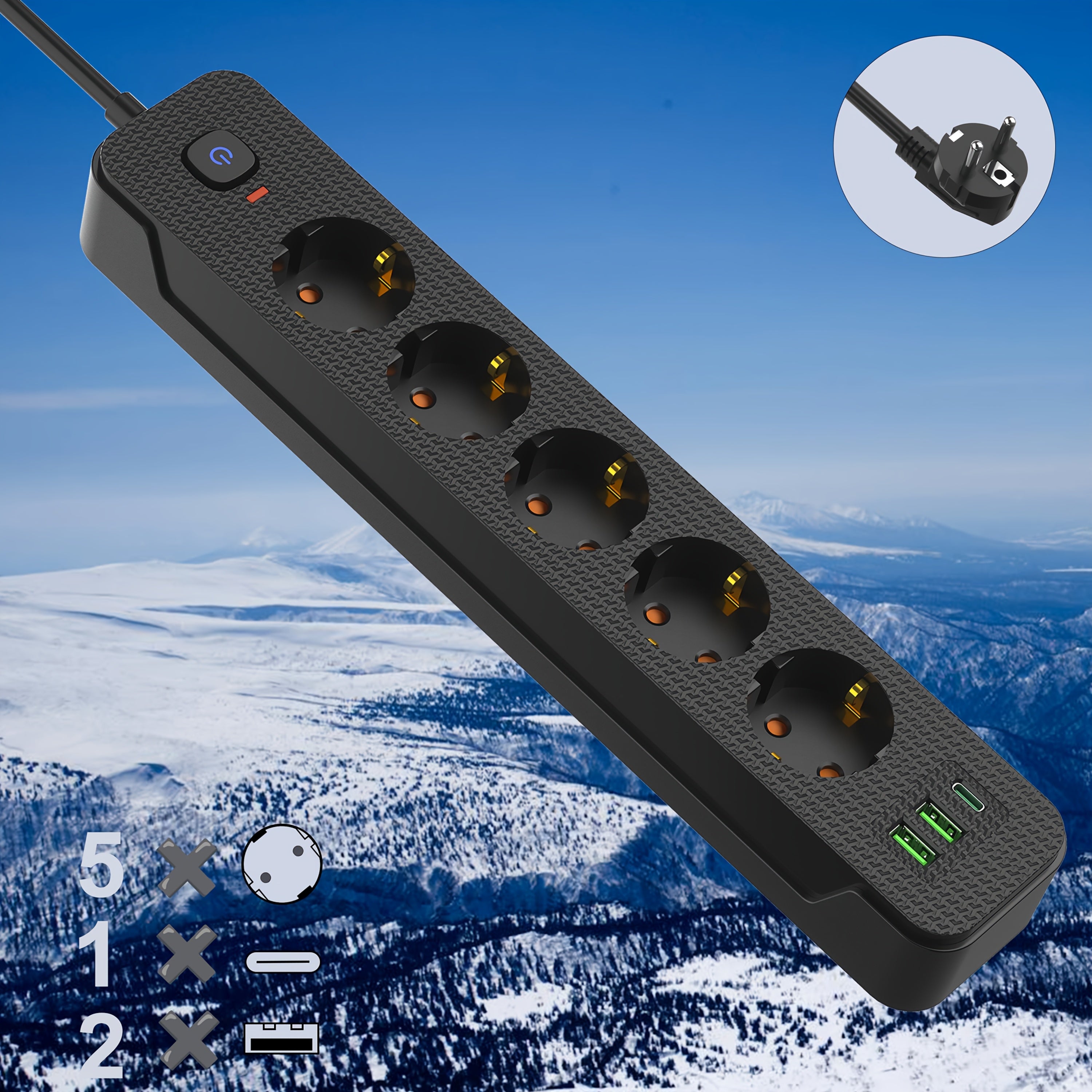 Europe Power Strip with 3/4/5 Sockets, 2m Extension Cord, Main Switch for Home Office Kitchen Garage Outdoors
