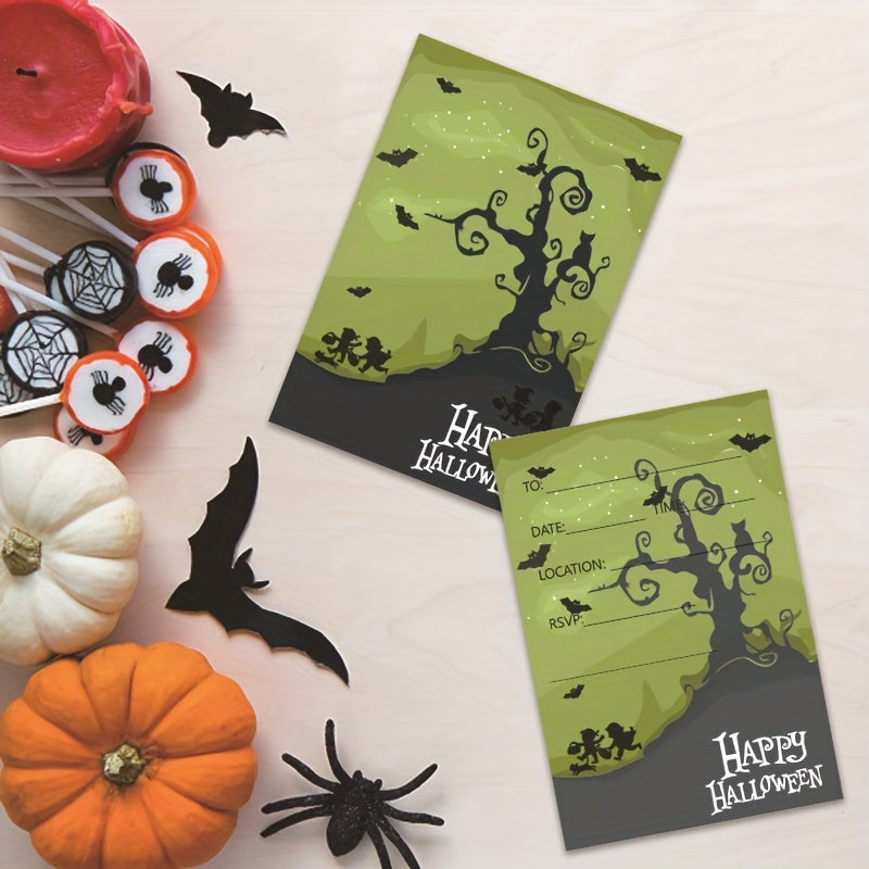 Halloween Party Invitations for Kids with Haunted House and Bat Designs