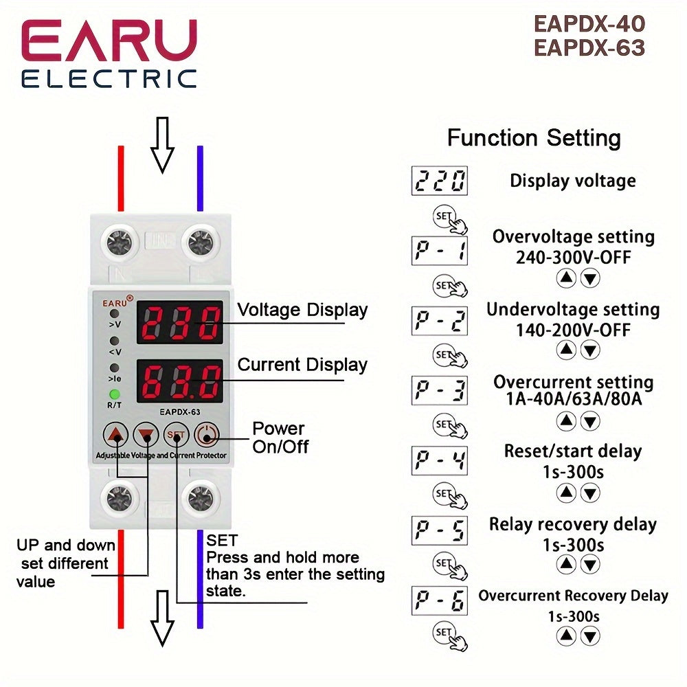 40A 63A Voltage Protector Relay 85V-265V Din Rail Over Under Voltage Safeguard