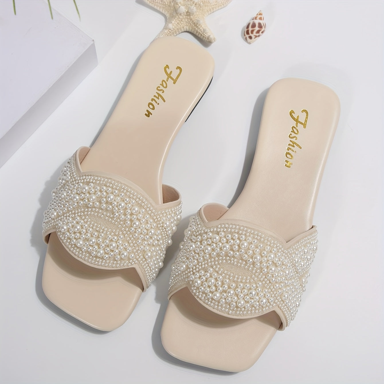 Women White Rhinestone Embellished Flat Square Toe Sandals Summer Wear