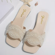 Women White Rhinestone Embellished Flat Square Toe Sandals Summer Wear