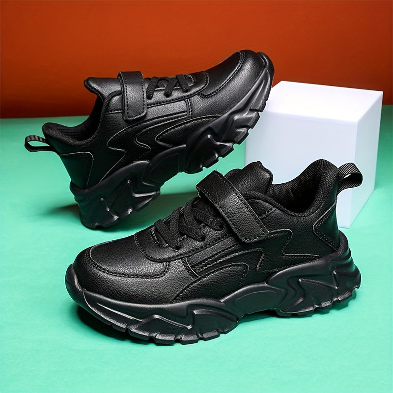 Black Boys' Water-Resistant Sneakers with Hook-and-Loop Strap and EVA Sole