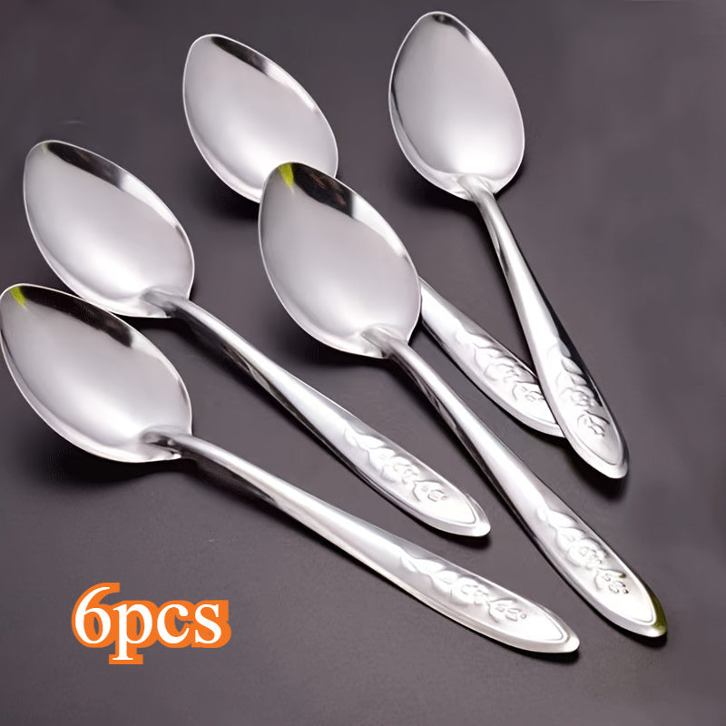 Set of 6 Stainless Steel Dessert Spoons with Rose Engravings for Coffee and Fruit
