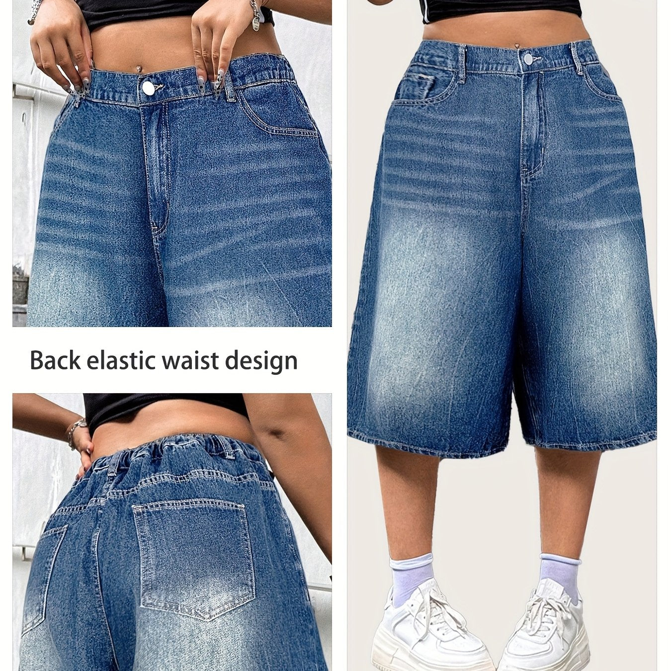 Шорты из денима больших размеров свободного кроя, выстиранные джинсы, эластичный пояс, летние повседневные