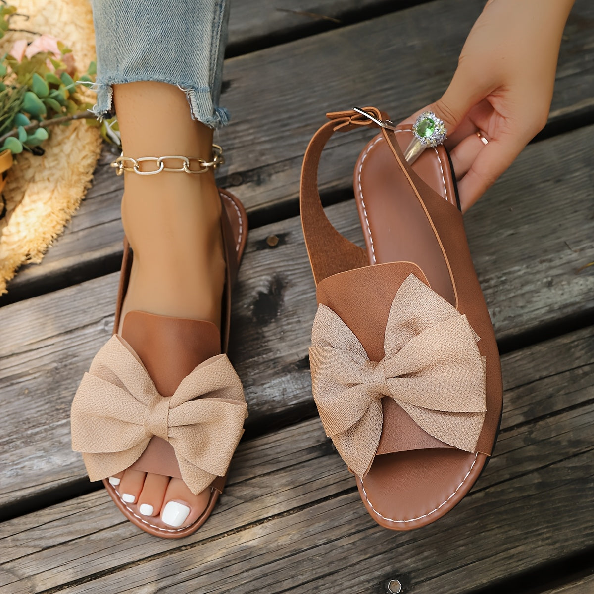 Women's Flat Sandals with Bow Detail Open Toe Adjustable Ankle Strap