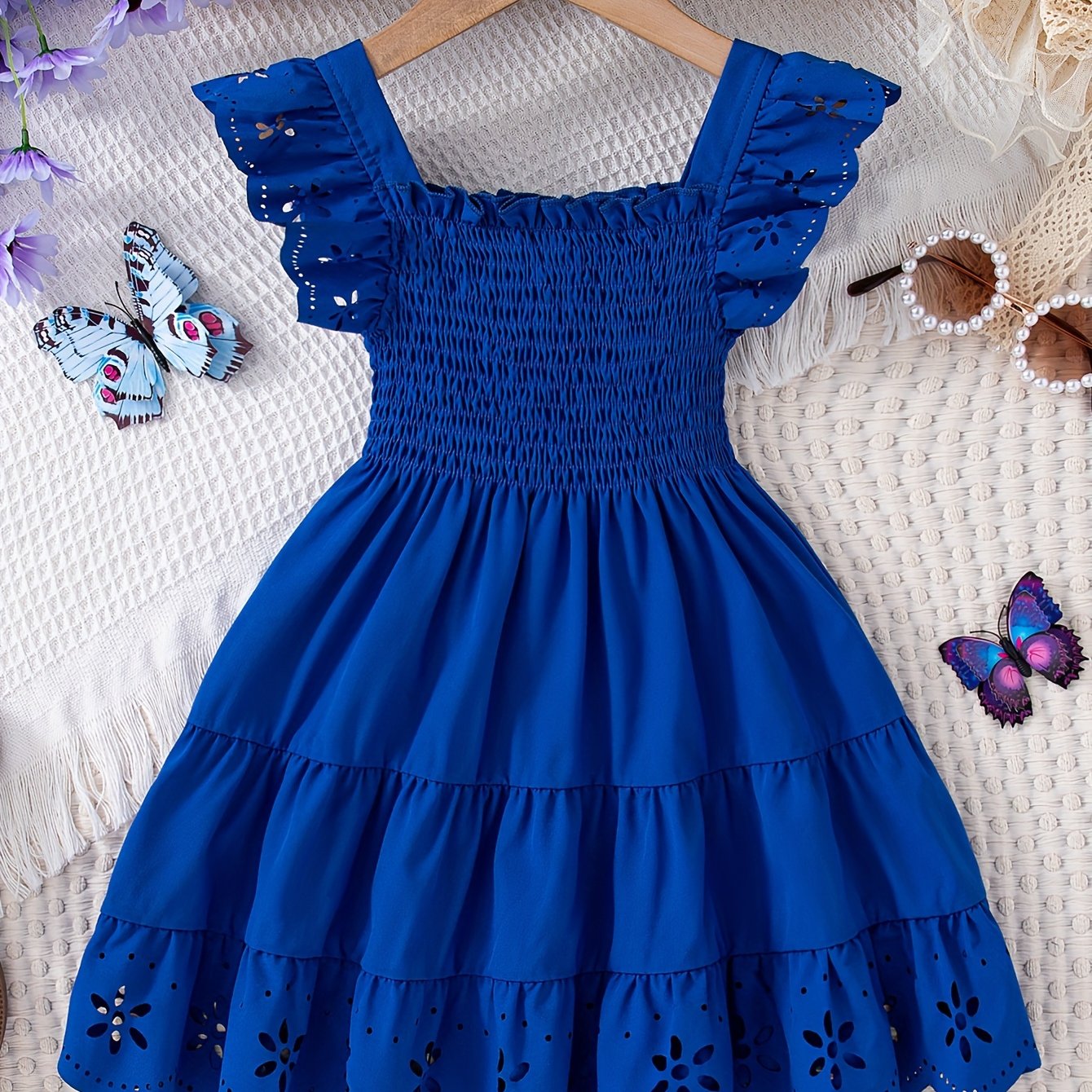 Girls Summer Solid Ruffle Sleeve Square Neck Knee High Dress