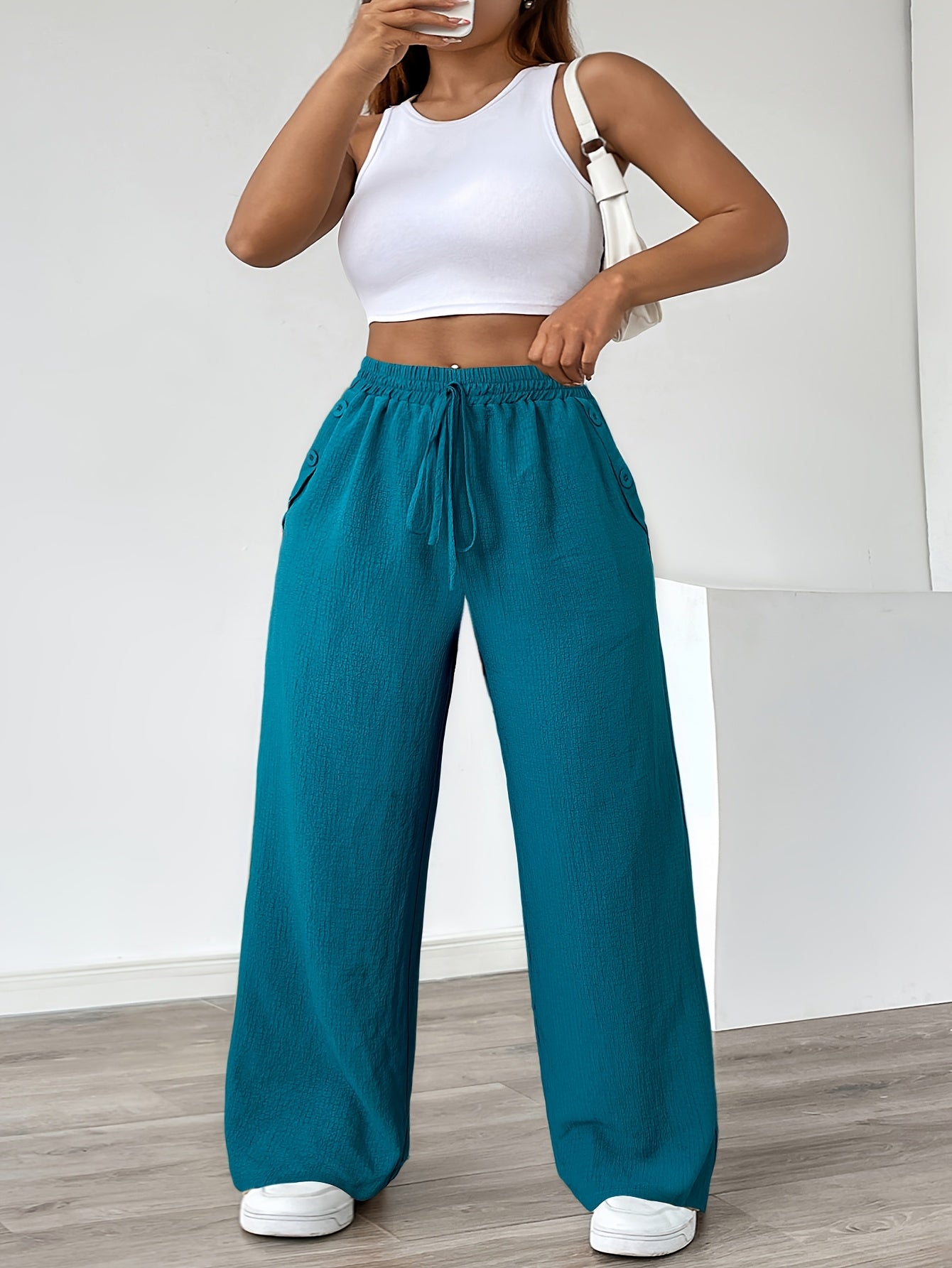 Women's Plus Size Casual Straight Pants with Lace-Up Detail, Solid Color