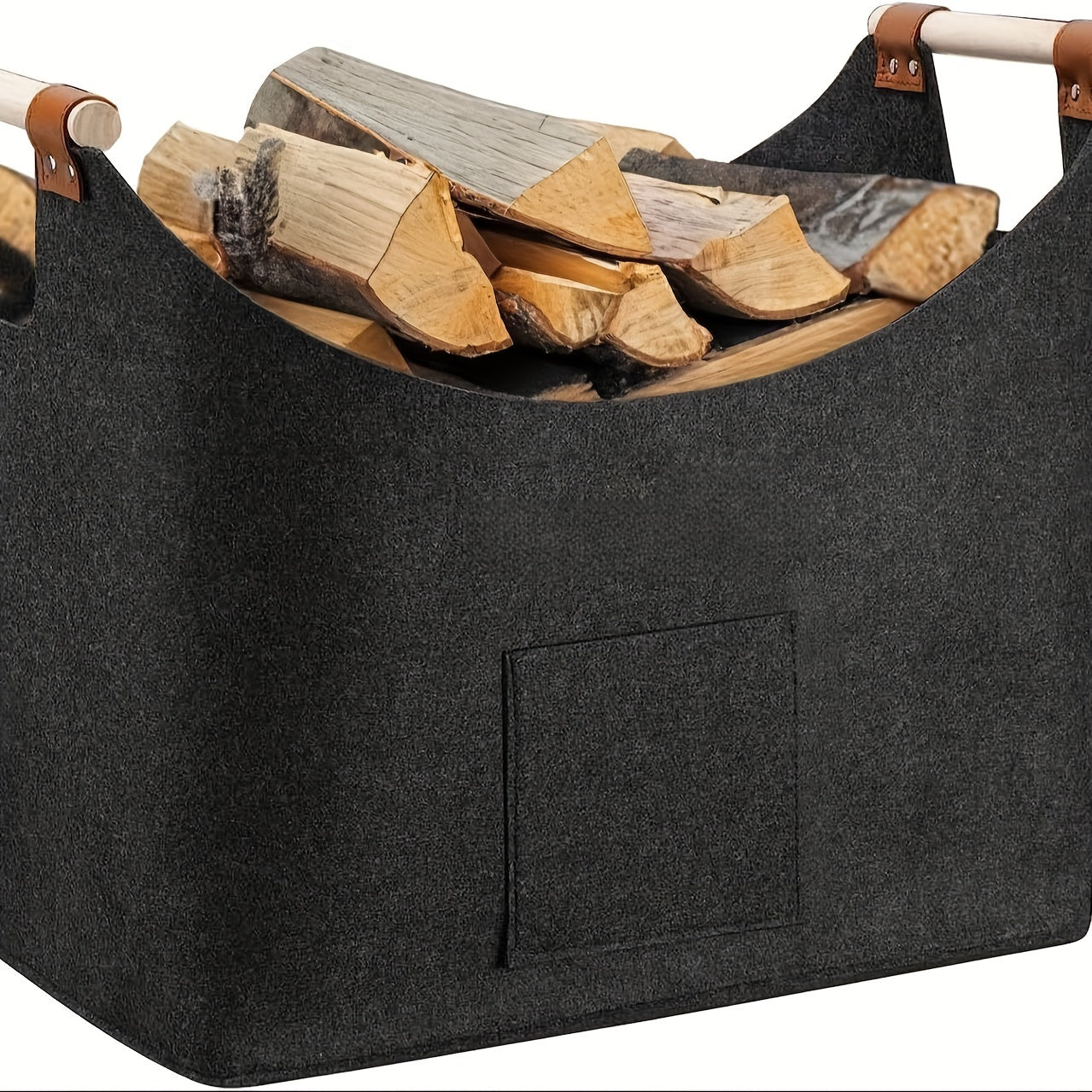 Large Felt Firewood Basket with Extendable Wooden Handle and Side Pocket