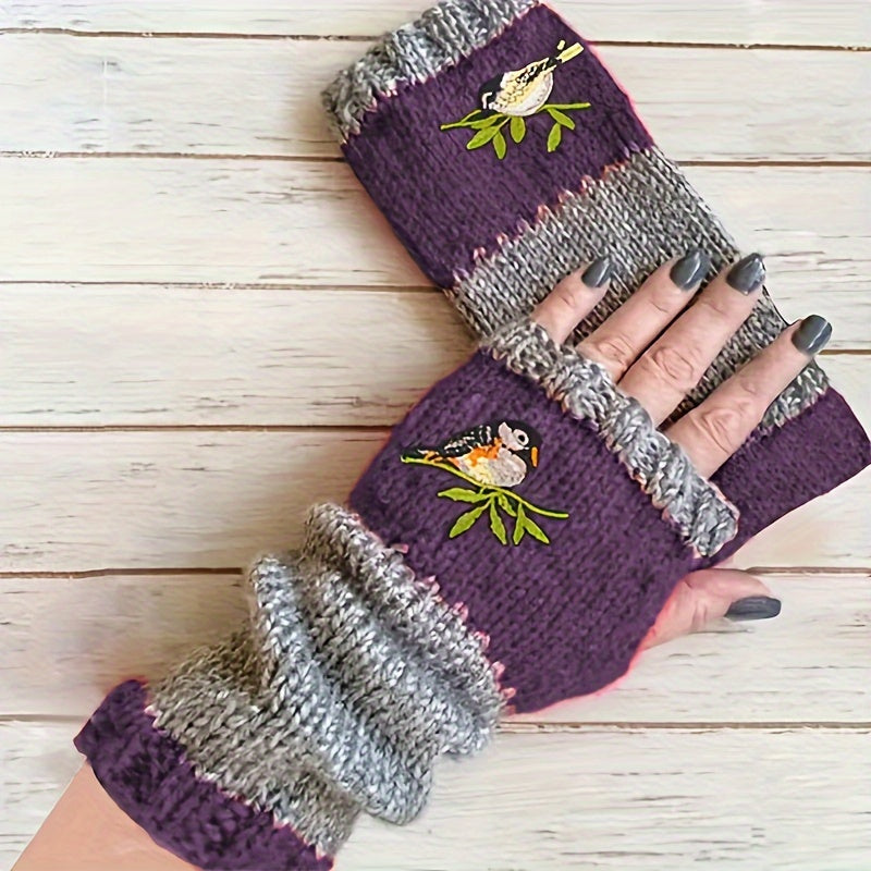 Warm Fingerless Gloves with Double Color Block Design and Hummingbird Embroidery