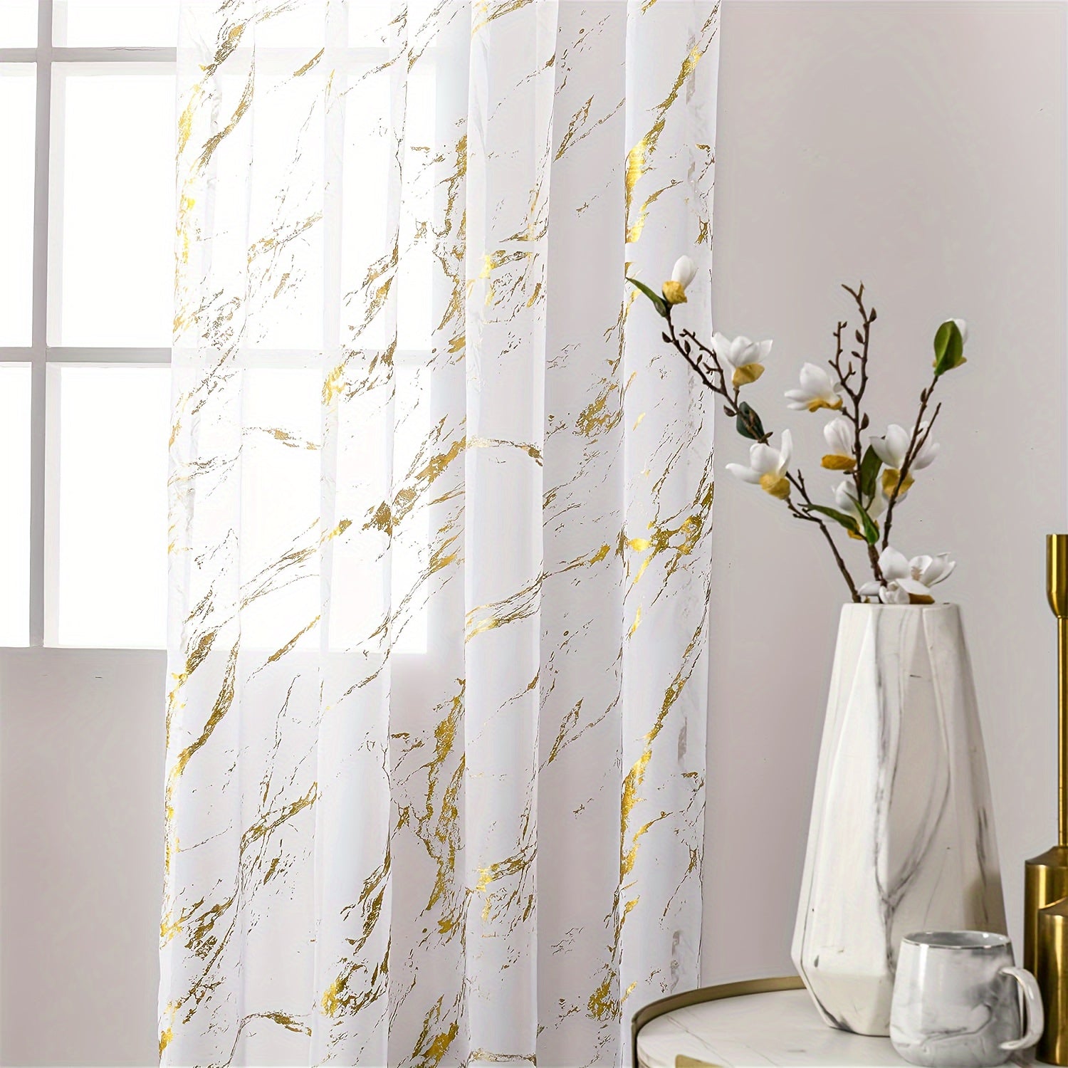 Sheer Curtains with Marble Pattern for Living Room Bedroom Office Windows