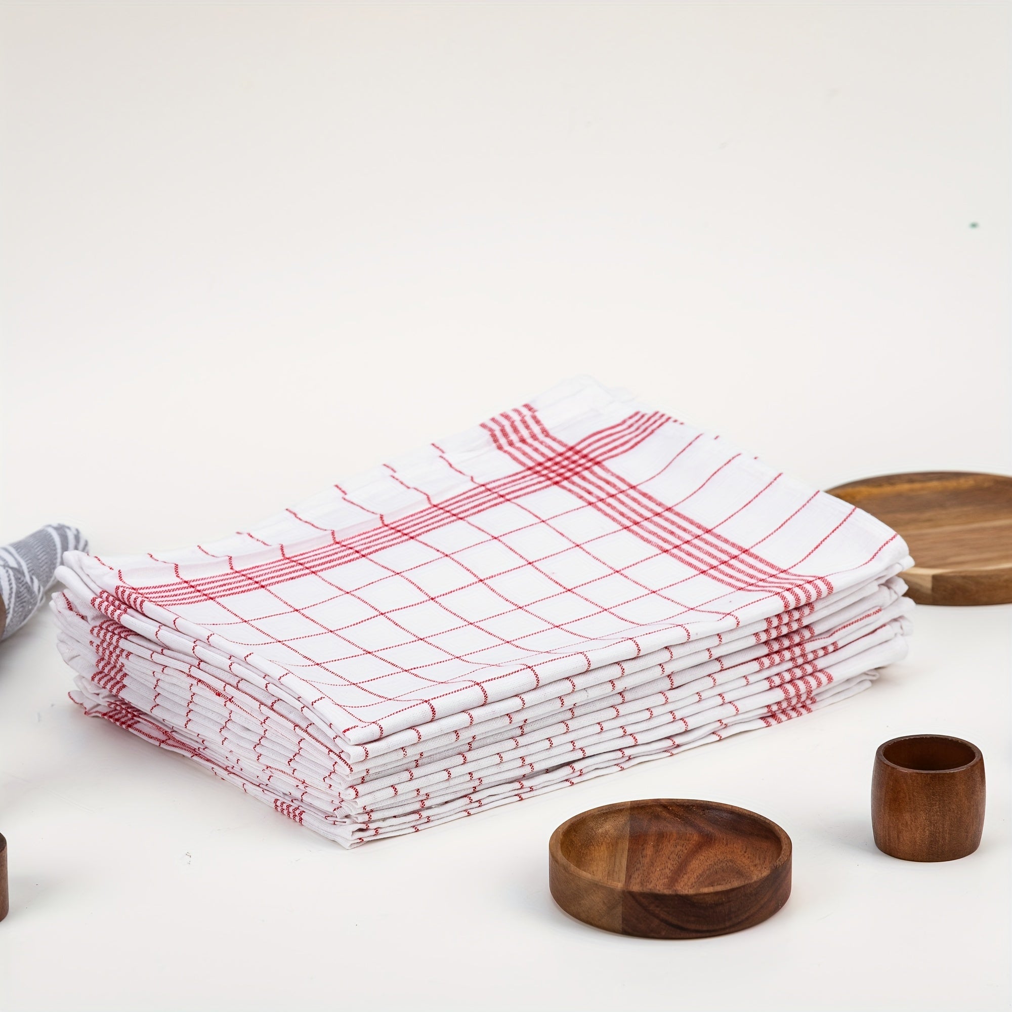 Set of 12 Vintage Red and White Check European Kitchen Towels 62x42cm Heavy Hand Hemmed