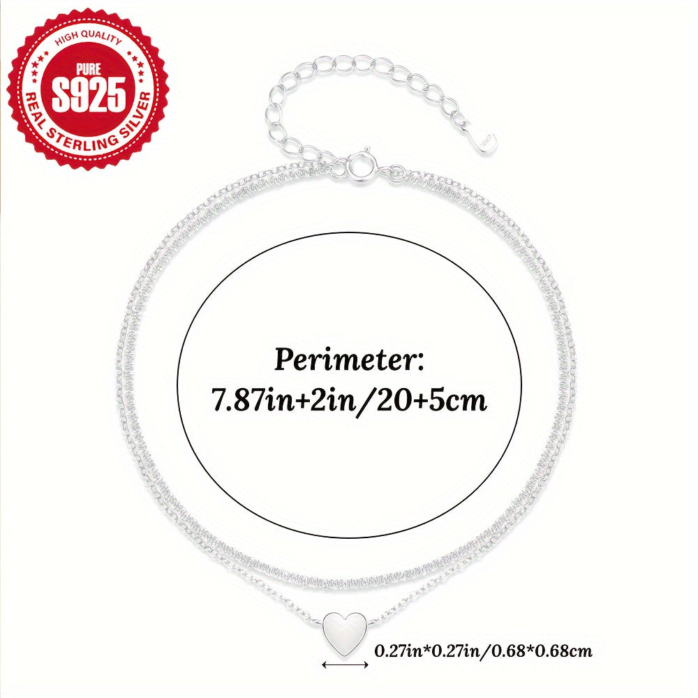 Silver Double Layer Anklet with Rhinestones and Heart Charm for Beach and Summer Wear