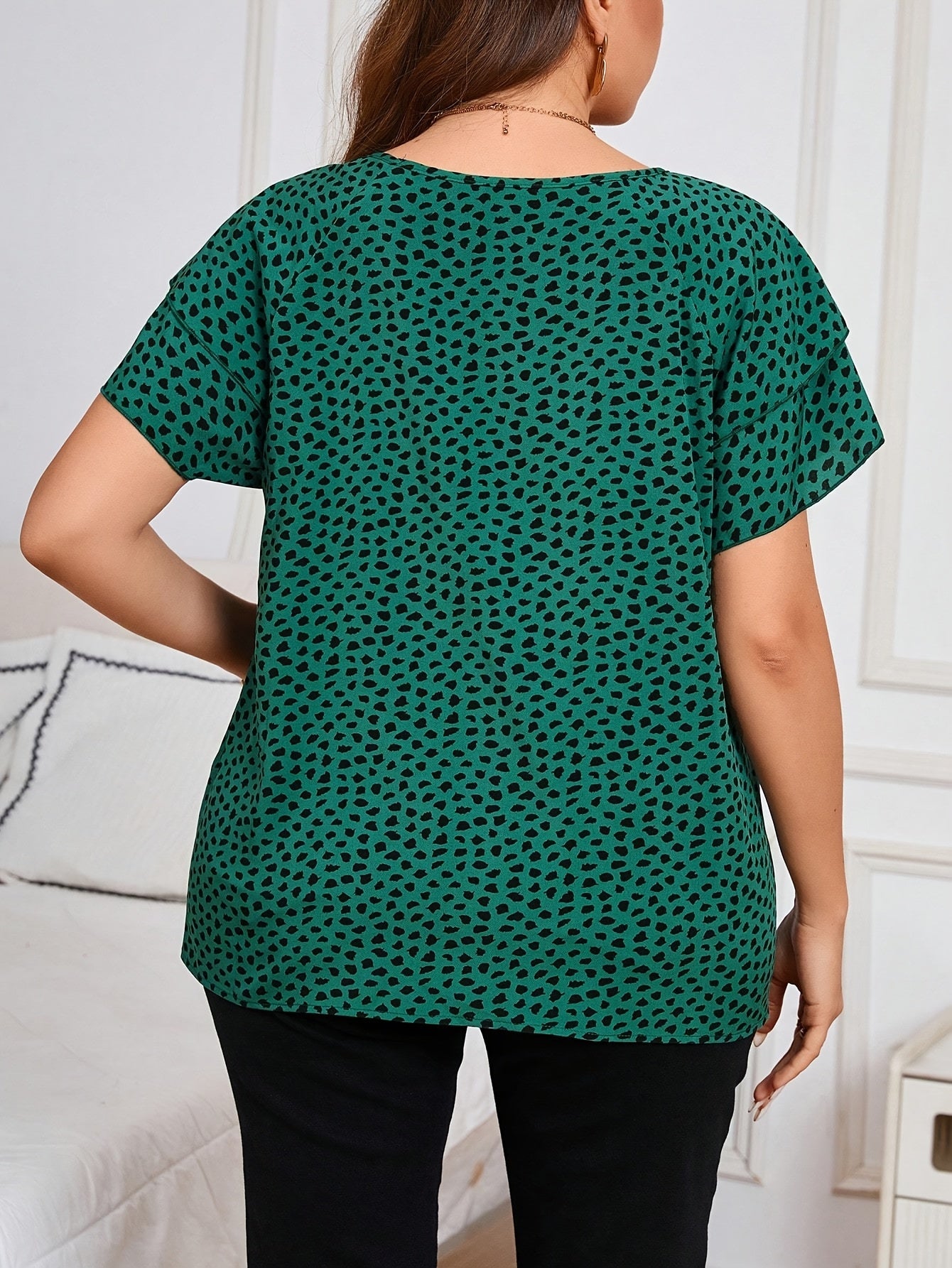 Plus Size Women's Polyester Blend Round Neck T-Shirt with All-Over Print
