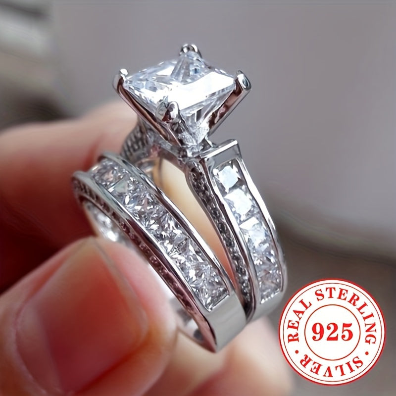 Sterling Silver Bridal Ring Set for Women Square-Cut Cubic Zirconia Engagement Wedding Jewelry